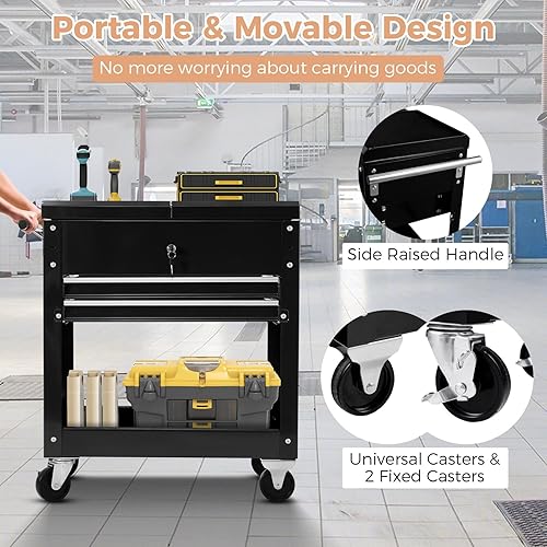 Miniatura 7 de ERGOMASTER Carrito de servicio utilitario con ruedas, estantes de metal resistente de 4 niveles con cajones, organizador de almacenamiento