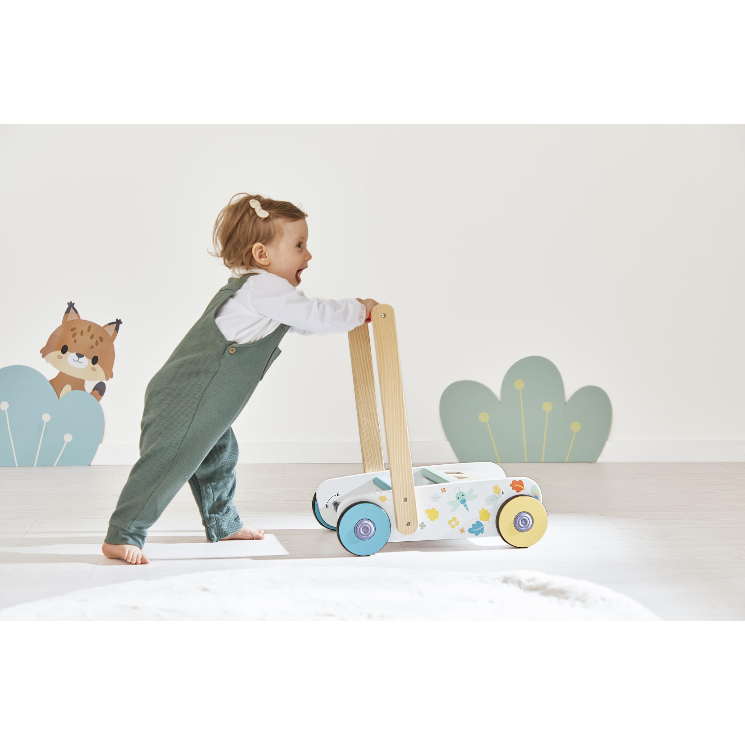 Janod - Carrello da Passeggio in Legno per Neonati e Bambini dai 12 Mesi - 18 Pezzi in Legno Inclusi + Scatola Sagomata - Ruote silenziose + Sistema frenante - dai 12 Mesi