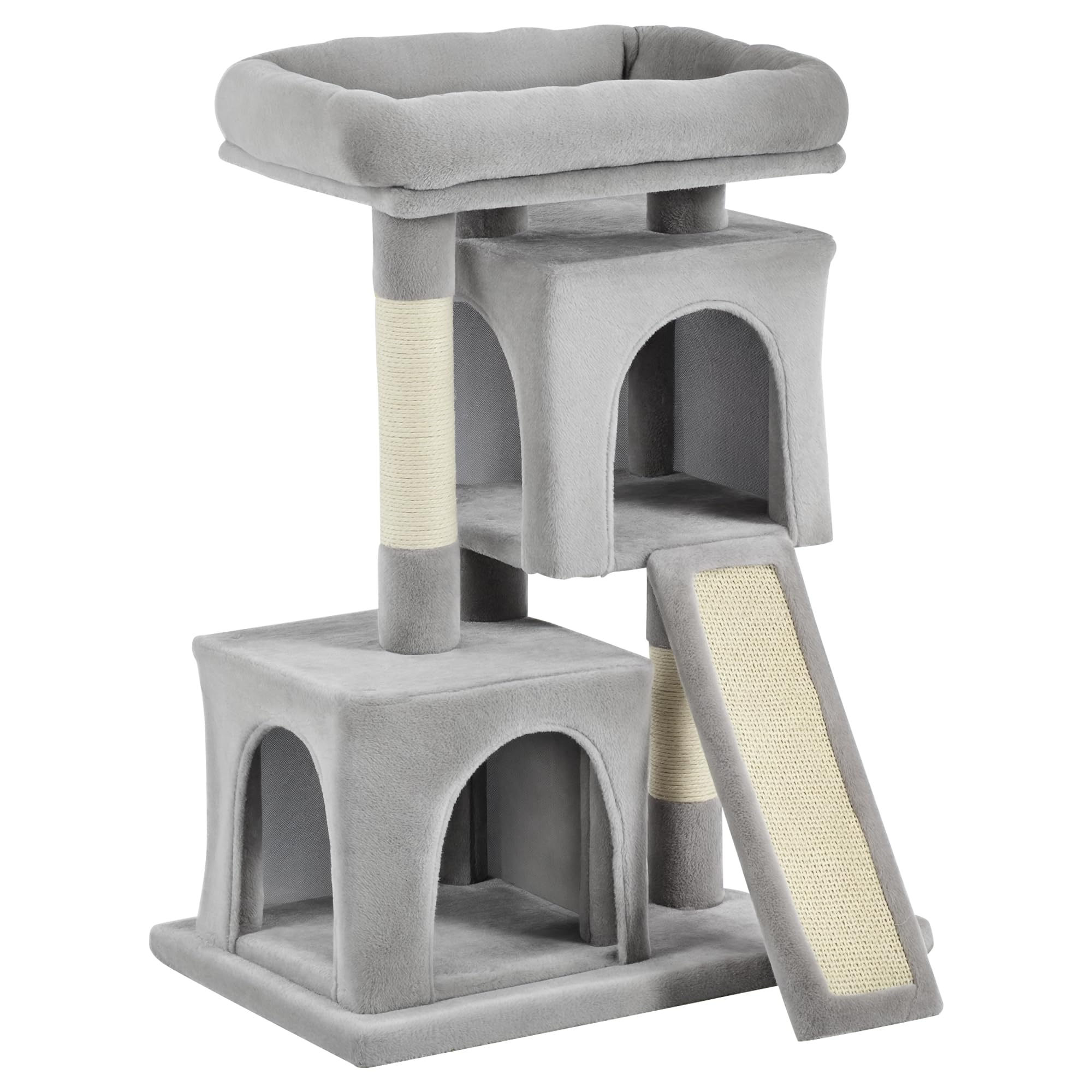 PawHut Albero Tiragraffi per Gatti Adulti e Gattini con Pali in Sisal, Lettino e 2 Casette con Rivestimento in Peluche, 59x39x81cm, Grigio Chiaro