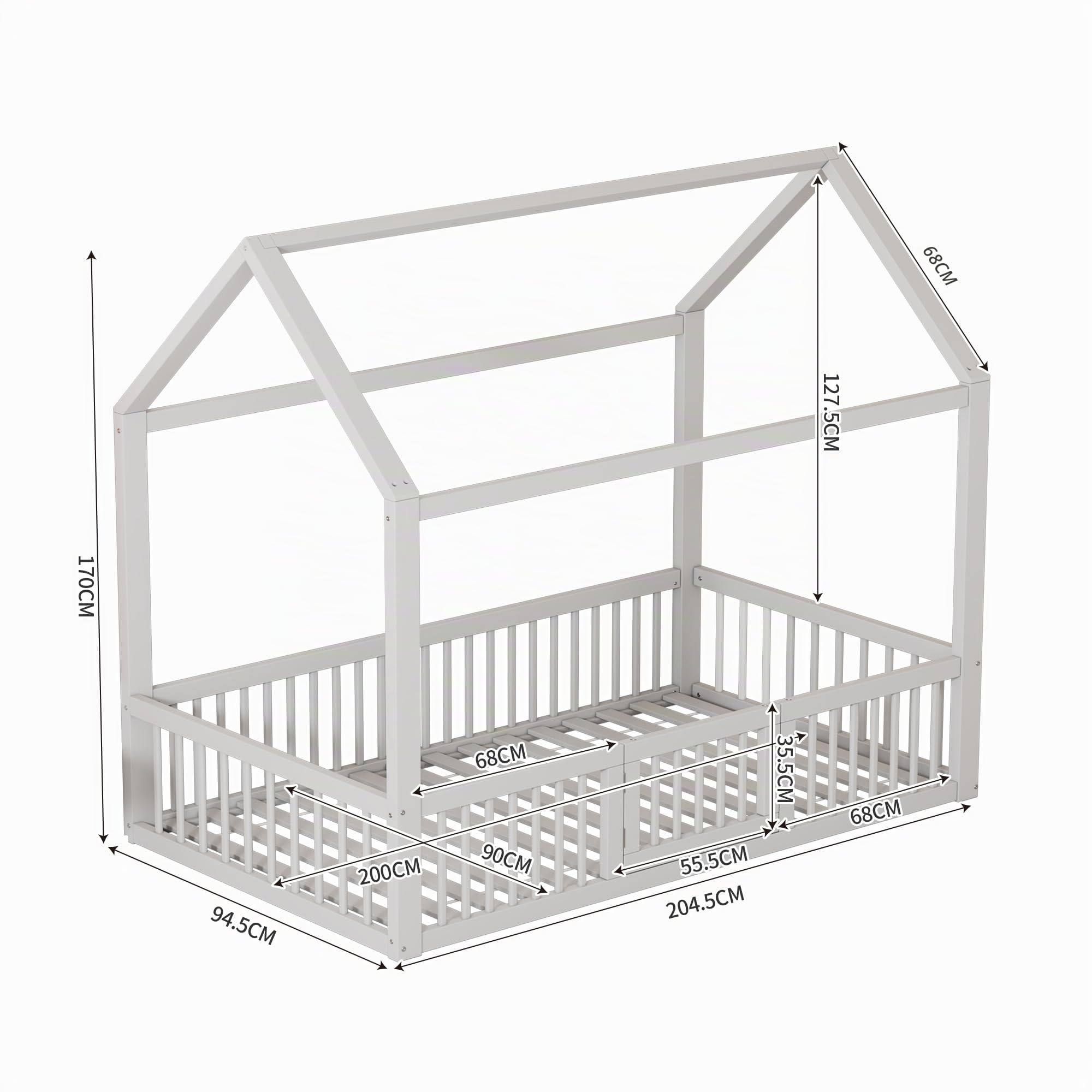 Kinderbett Hausbett 90x200, Bodenbett mit Tür inkl. Rausfallschutz und Lattenrost, Massivholz Gitterbett Montessori Bett Babybett Holzbett für Kinder, Einzelbett Bettgestell für Jungen Mädchen, Weiß