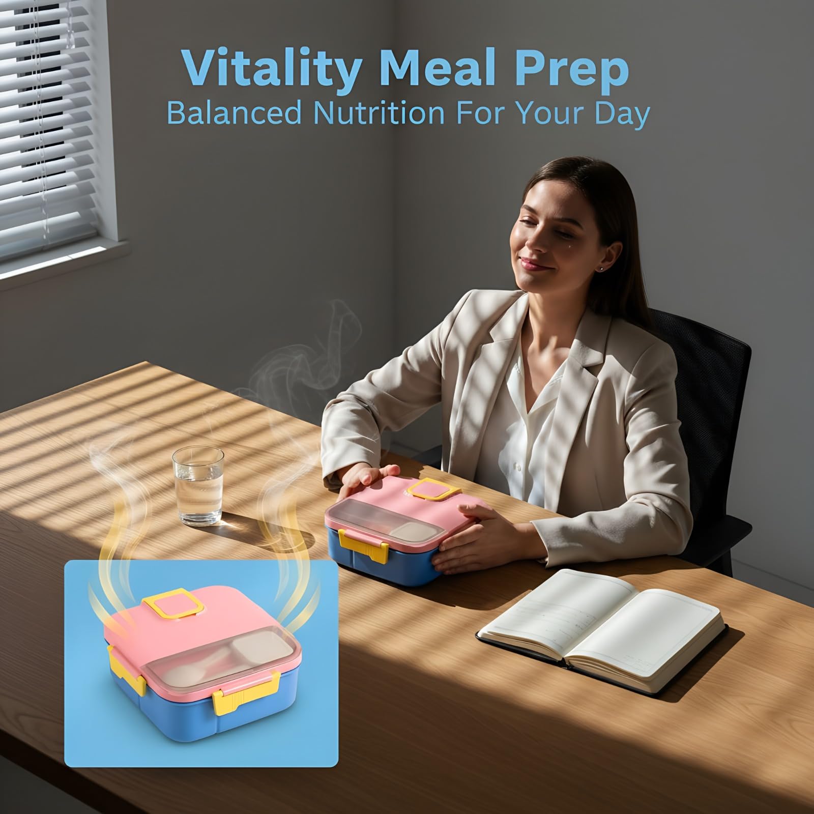 Bento-Box, Box mit Fächern für das Mittagessen, 7,0 x 7,4 x 2,7 Zoll tragbarer Lunchbehälter mit Besteck und Soßendose, mikrowellengeeignet für Büro und Meal Prep