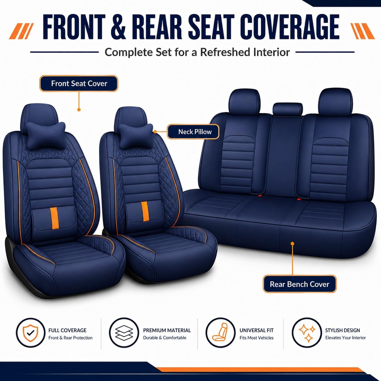 Juego completo de fundas de asiento de coche de piel sintética transpirable para asientos delanteros y traseros, incluye reposacabezas, reduce la fatiga del conductor, se adapta a la mayoría de los