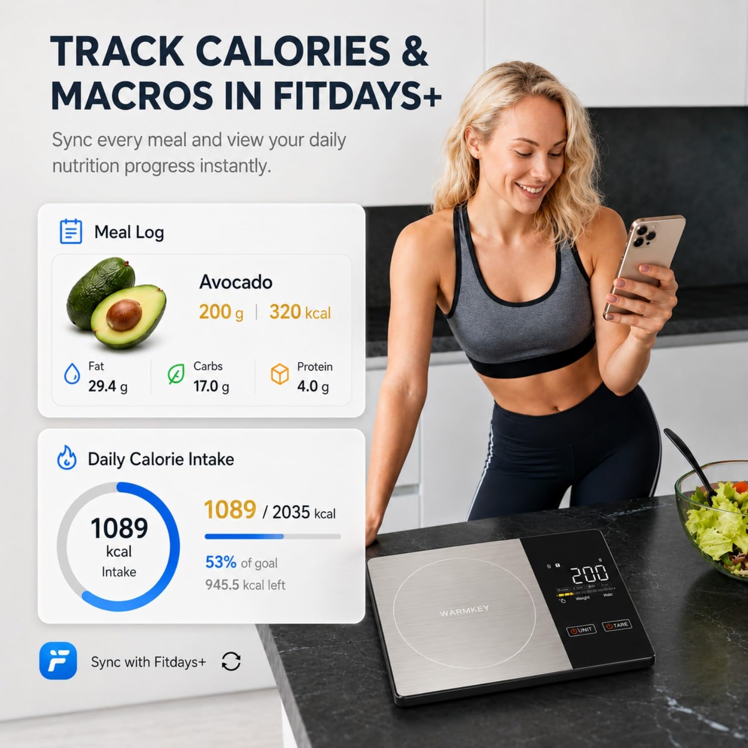 Smart Nutrition - Bilancia digitale da cucina con app calcolatrice nutrizionale, funzione tara, traccia calorie e 19 nutrienti, 5 kg, grammi/oncia, in acciaio inox per dimagrire e dieta