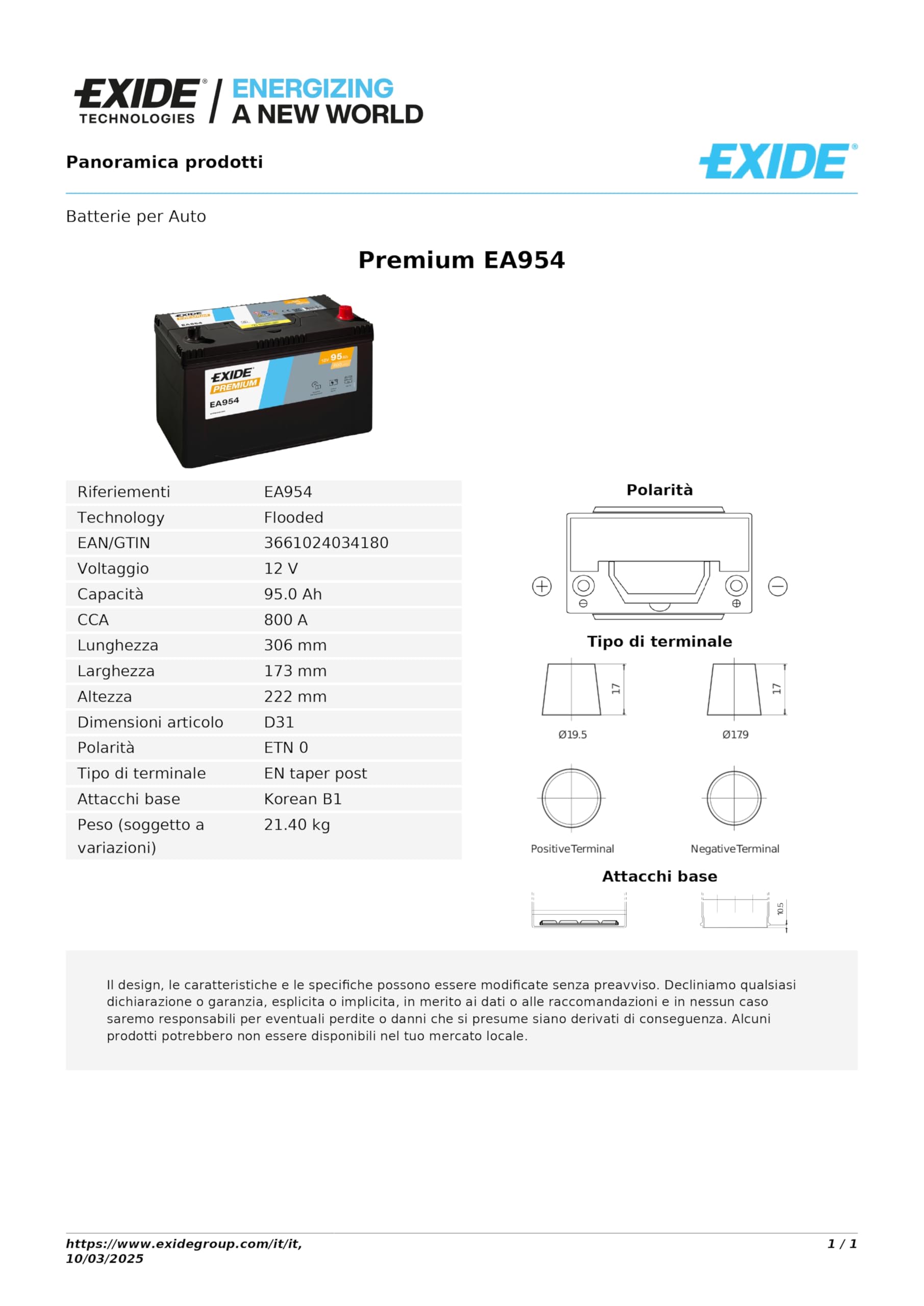 BATTERIA AUTO EXIDE PREMIUM EA954 PER AVVIAMENTO 95Ah 800En D31 POLO DX