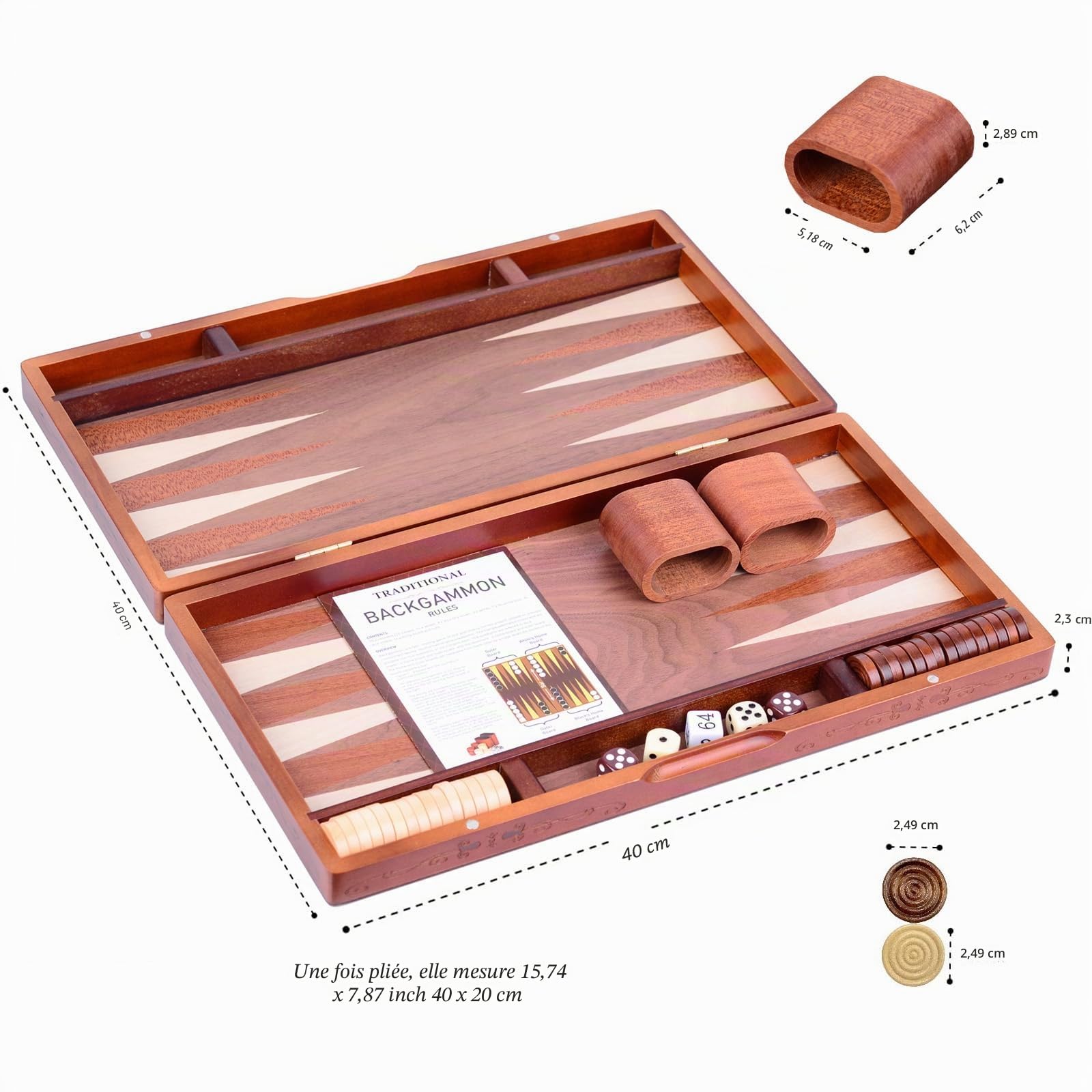 Syrace Ensemble de backgammon en bois avec incrustations classiques - Étui de jeu de société de stratégie - 39,7 cm - Backgammon avec pièces de contrôle pour adultes et enfants