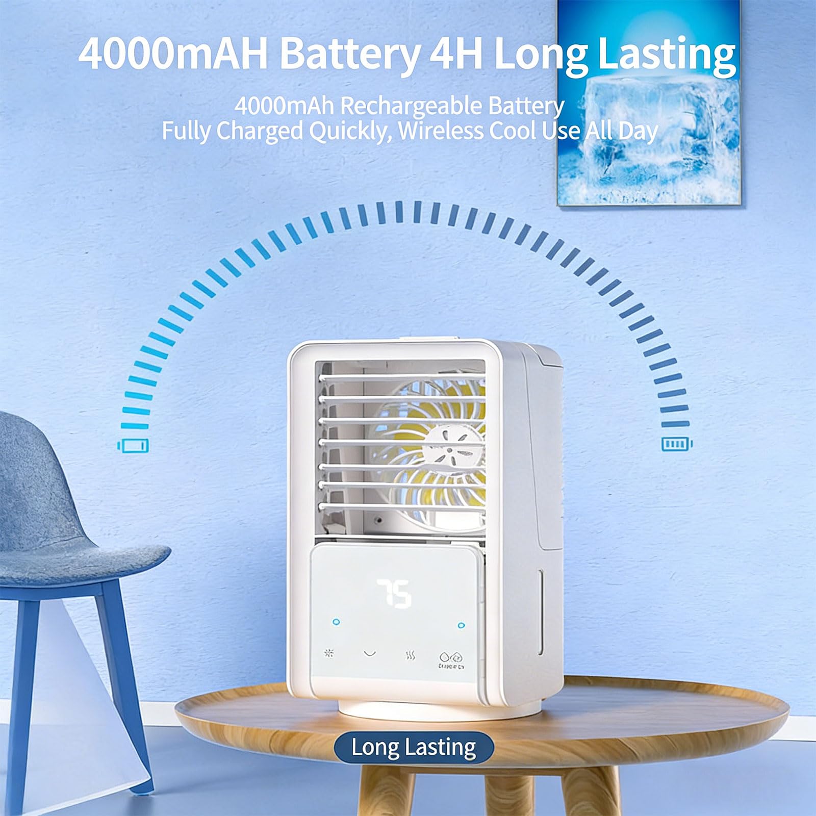 Enfriador de aire evaporativo portátil con recipiente de agua de 700 ml y ventilador de refrigeración de batería de 4000 mAh para el hogar