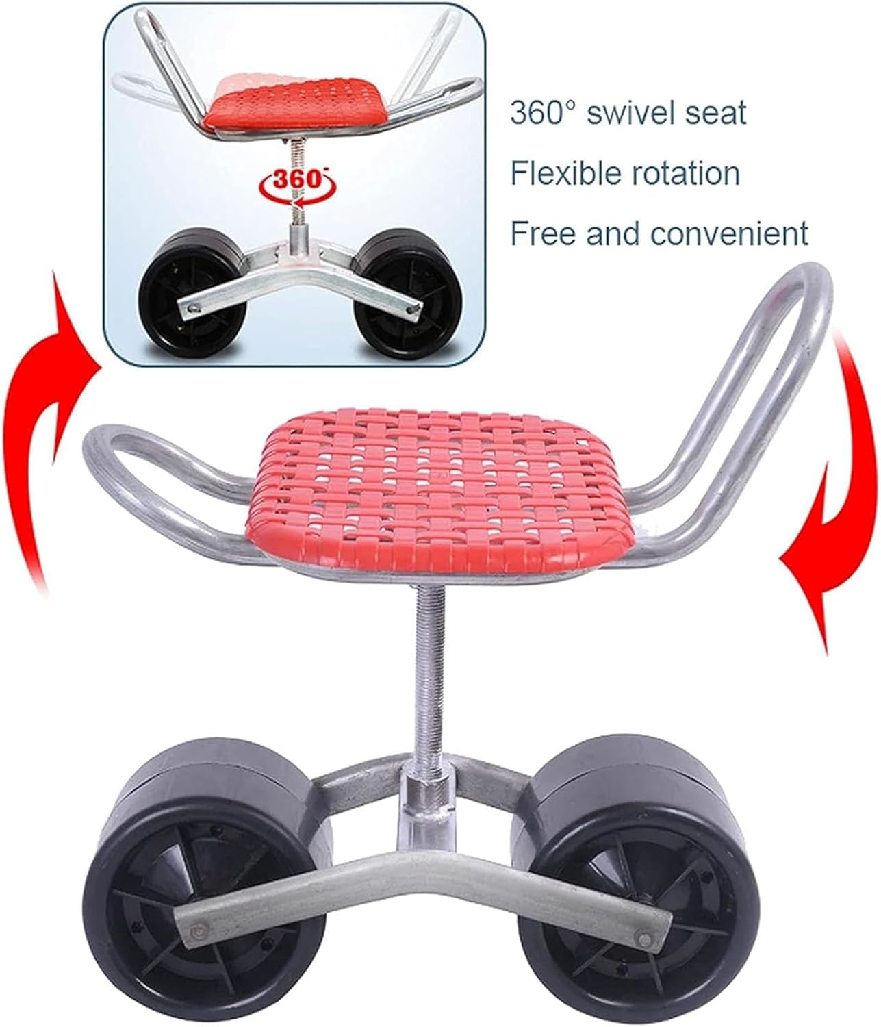 Rolling Garden Seat, Red Garden Cart Rolling Stool with Wheels, Adjustable Seat Height and Direction Gardening Folding Stool for Weeding, Planting, Or Lawn Care