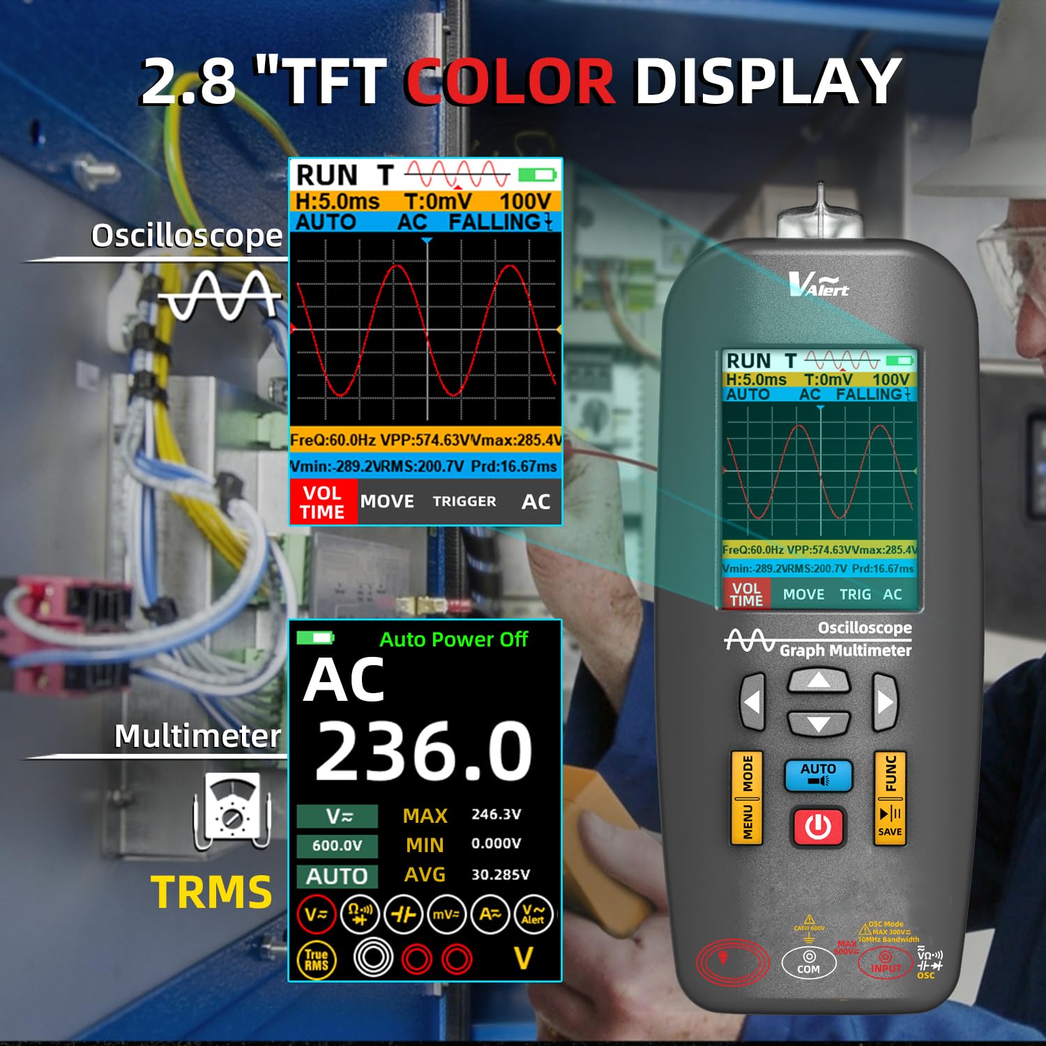 BSIDE O1X Digital Oszilloskop Multimeter TRMS mit Rogowski Spule Anschluss 6000A, Handheld Oszilloskop 10Mhz 48MSa/S Farb-LCD Datenübertragung Wiederaufladbares Stromprüfer Spannungsprüfer