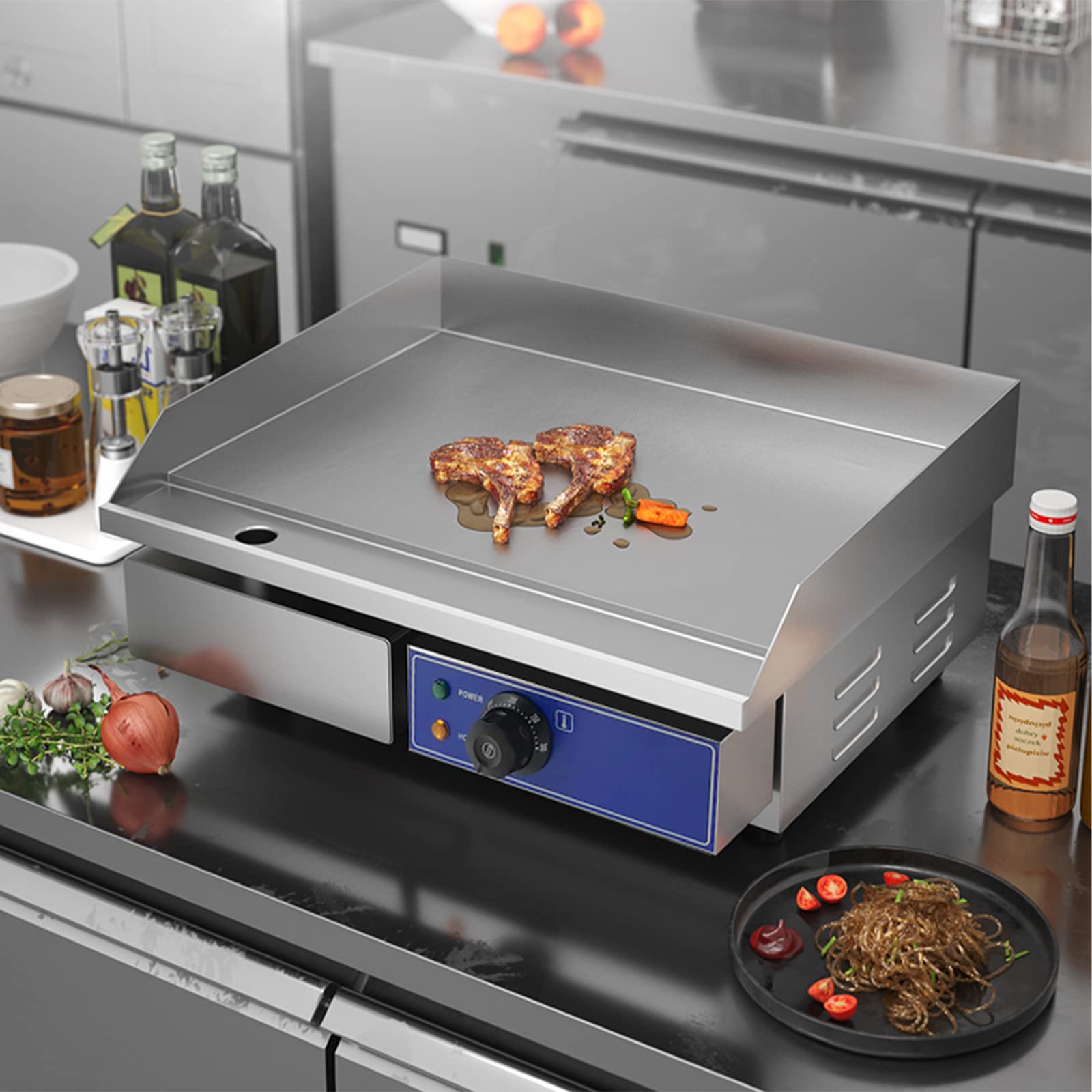 Taimiko Piastra elettrica professionale in acciaio inox 3000 W, 220-240 V, piastra grill in ghisa liscia, L540 x l355 mm, termostato da 50 a 300 °C, anti spruzzi, 18,5 kg