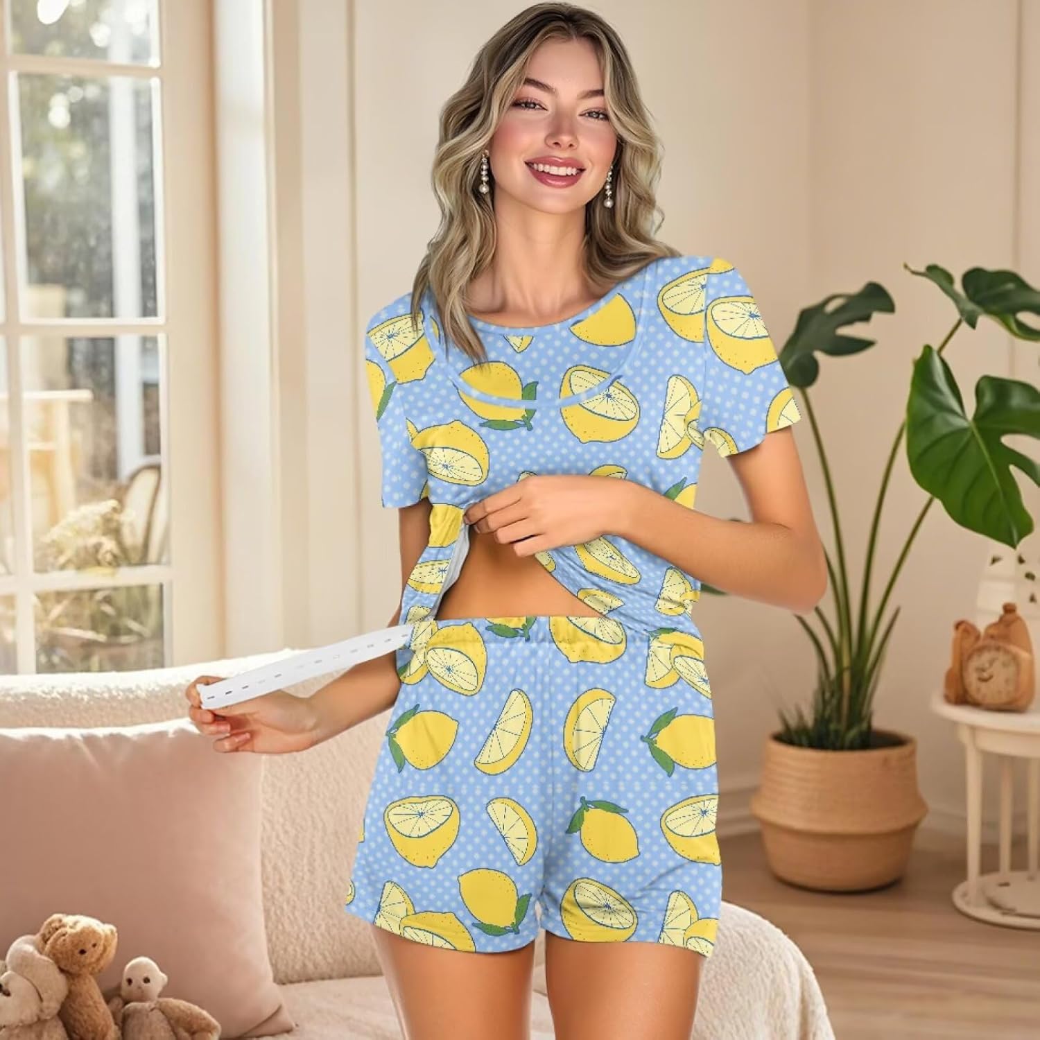 Xoenoiee 2 Pack Women's Nursing Pajamas Set Double Layer Maternity Pjs Postpartum Loungewear Breastfeeding Tops & Shorts