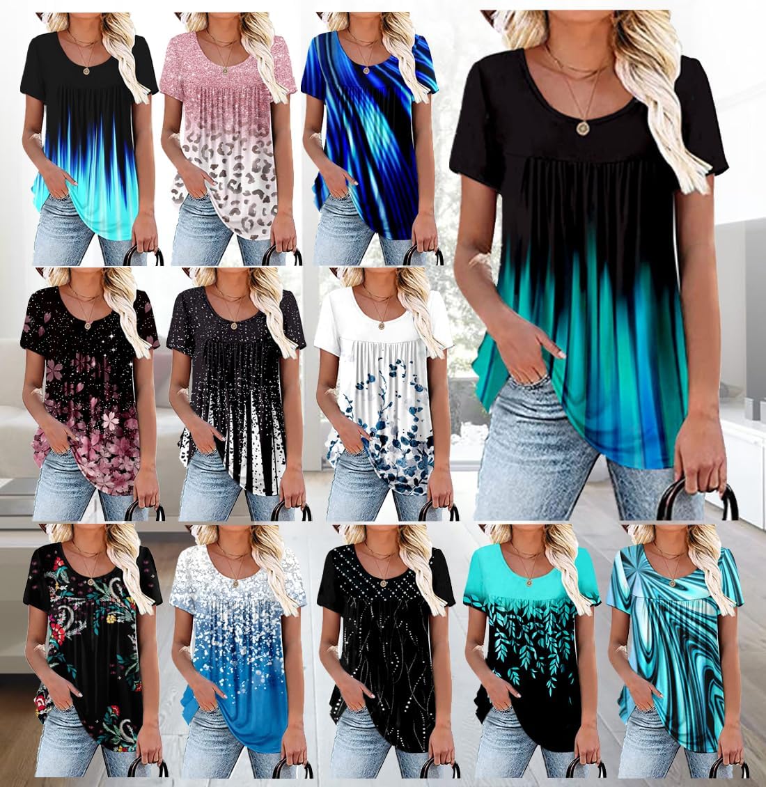 WRRH Womens Summer Short Sleeve Blouse Plus Size Ladies Shirts Floral Loose Flowy Tops for Leggings XXL - Image 2