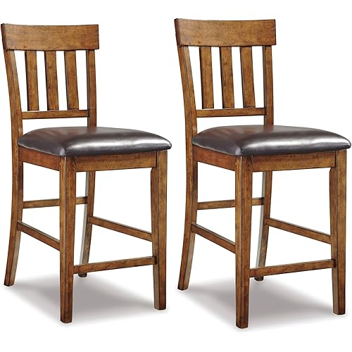Signature Design by Ashley Ralene Traditional 26" Counter Height Faux Leather Seat Barstool, 2 Count, Brown