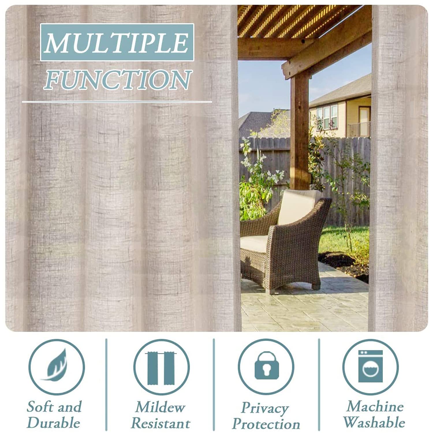 Outdoorvorhänge - Wasserdicht Outdoor Vorhang Balkon Terrasse Vorhängel UV Schutzmittel Vorhang, Balkon Sichtschutz Vorhänge Für Veranda/Pavillons (Natural,52x108in | 132 * 274cm)