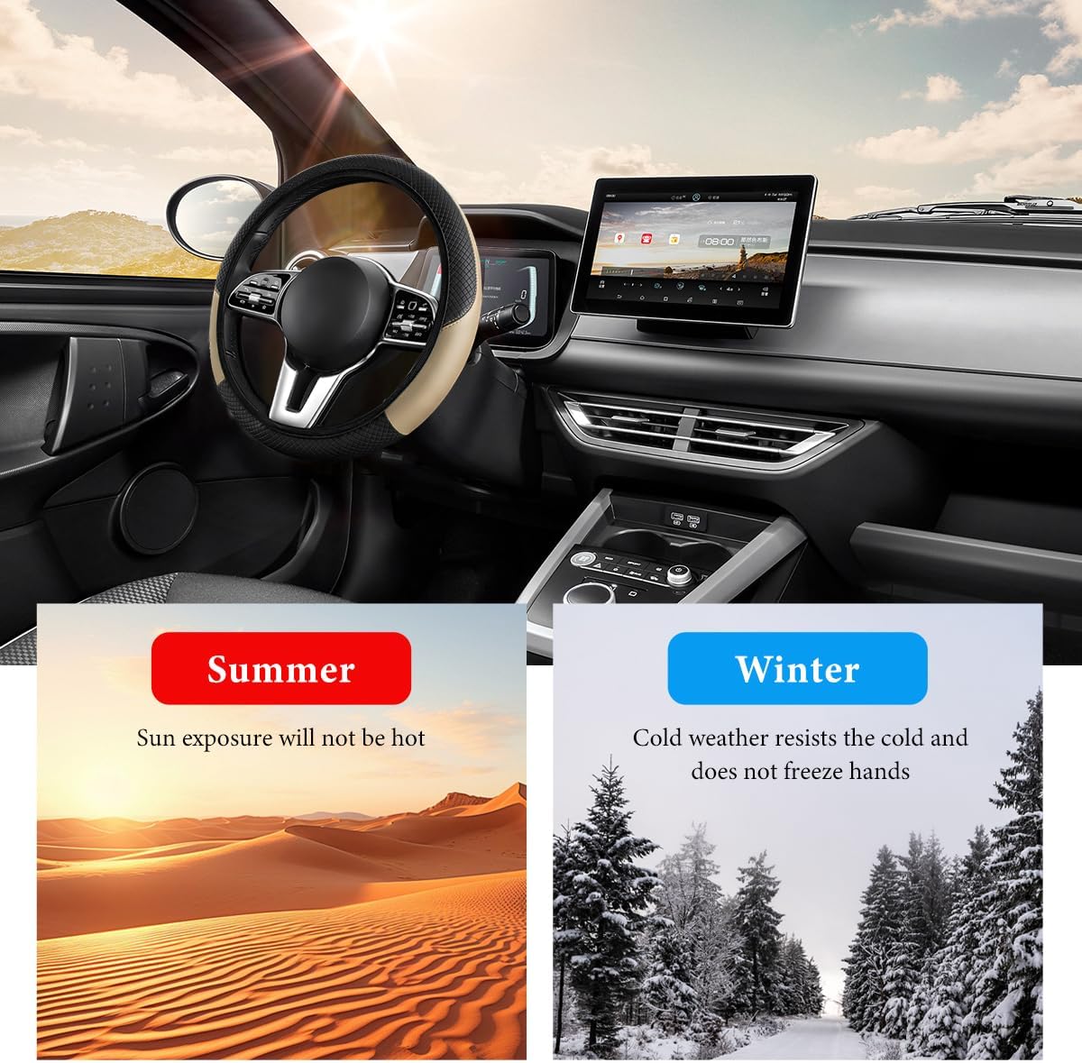 Car Steering Wheel Cover, 15 Inch Anti-Slip Stretch Leather Steering Wheel Protector, Comfortable Breathable Sporty Steering Wheel Cover for Women Men, Car Accessories (Beige, AD) - Image 5