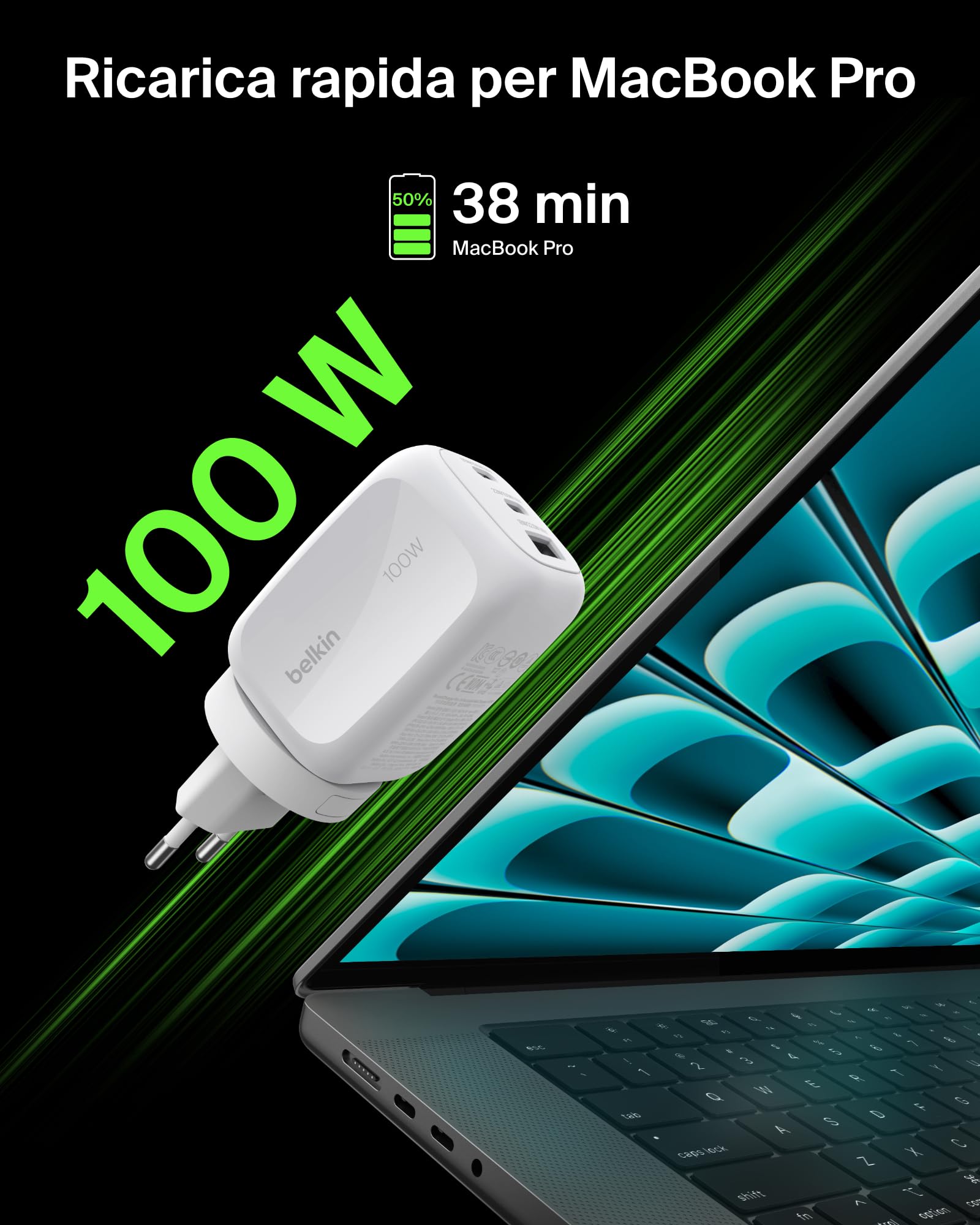 Belkin Caricatore da muro GaN USBC a 3 porte da 100 W, 2 porte USBC e 1 porta USBA, Spine incluse per UE-UK-US, Ricarica Rapida per MacBook, iPhone, iPad Pro, Samsung Galaxy, Google Pixel - Bianco
