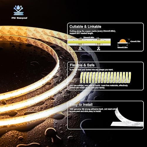 Miniatura 3 de PAUTIX COB - Tira de luz LED CCT ajustable blanca IP65 impermeable, CRI90+ 16.4 pies16.4 ft 2700K-6500K regulable 24V cinta de luz LED, para debajo