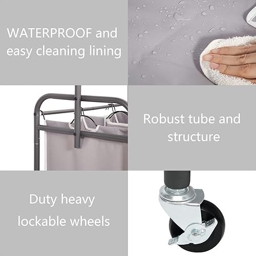 Miniatura 5 de STORAGE MANIAC Clasificador de ropa sucia con barra para colgar, carrito de lavandería con ruedas enrollables resistentes y bolsas extraíbles,