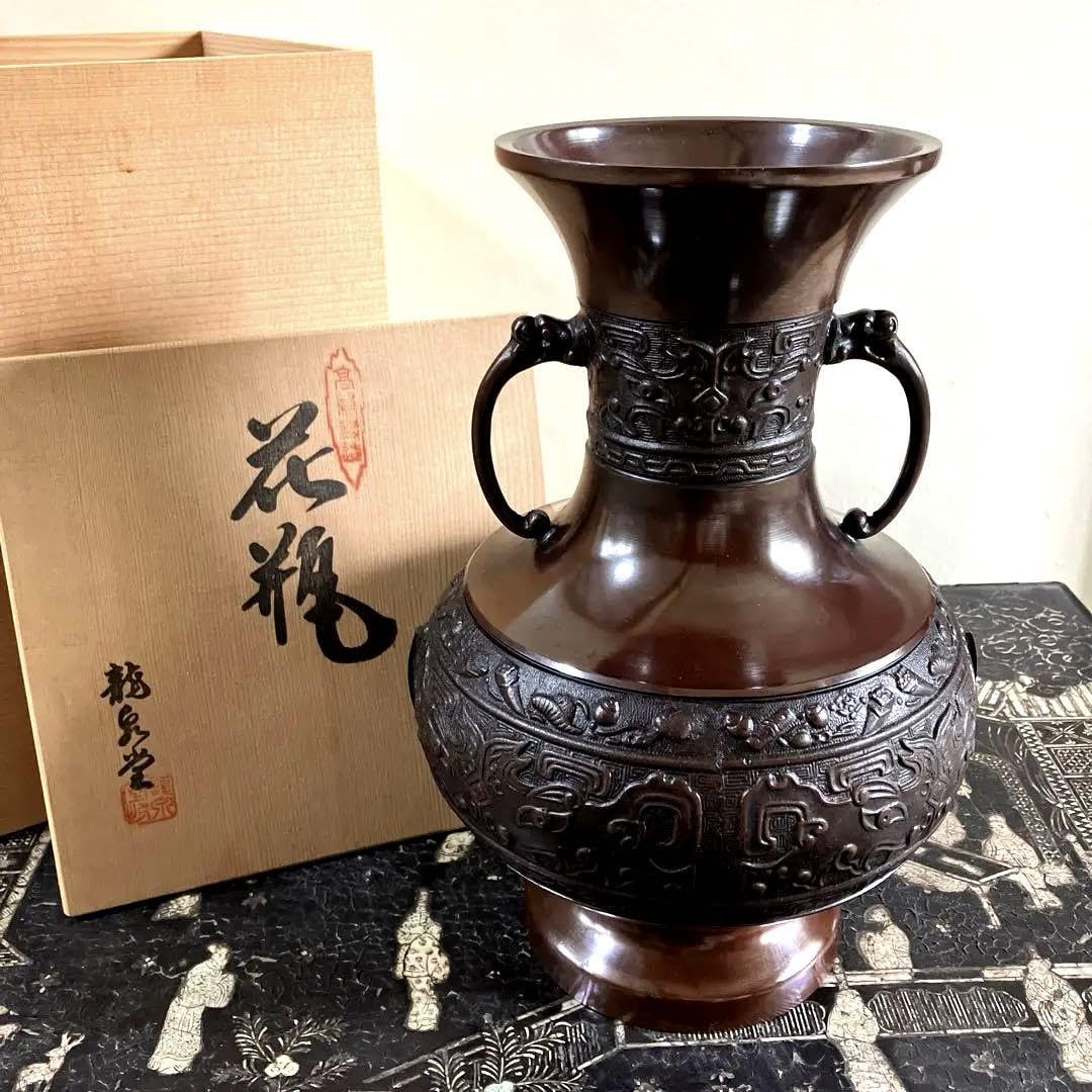 レトロ☆古代銅器型ブロンズ製花瓶☆鋳銅製陽刻文耳付瓶2.4kg 24cm 