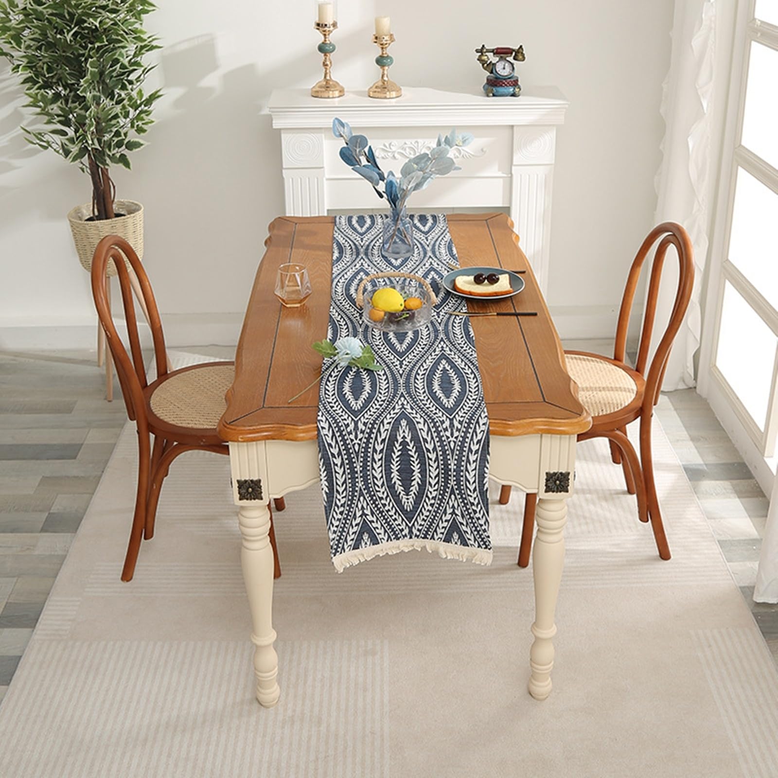 Chemin de Table pour Cuisine 35x240cm, Chemin de Table Champetre Effet Lin avec Motif de Feuilles