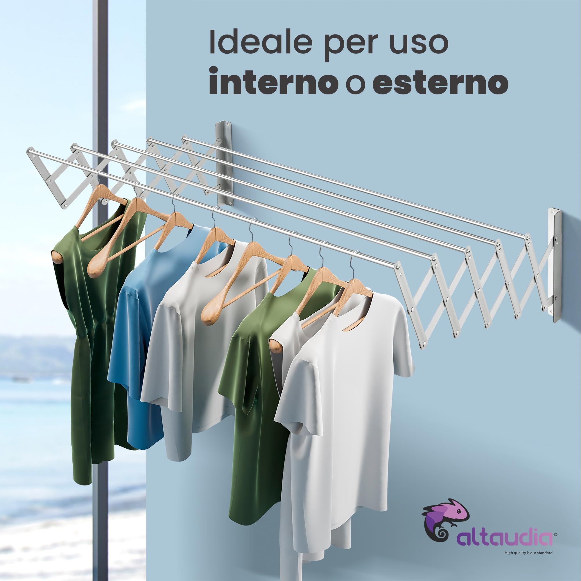 Stendibiancheria da Muro Richiudibile 120cm Antiossidante - 5 Tubi in Alluminio, Estensibile 12–80 cm, Montaggio a Parete Interno/Esterno, Salvaspazio, Installazione Facile