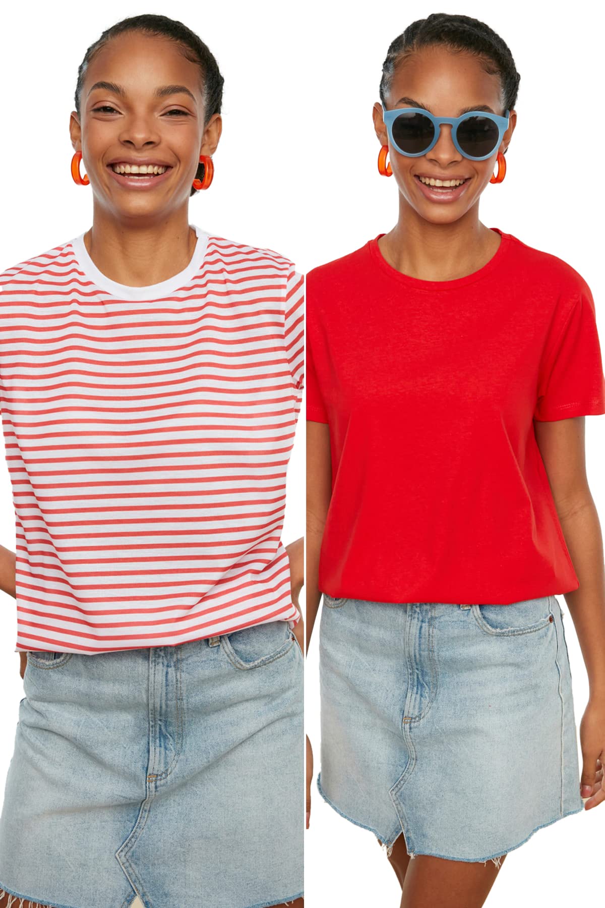 Trendyol Camiseta de Manga Corta de algodón 100% de Color Rojo, 2 Unidades, Red-Multicolor, S para Mujer