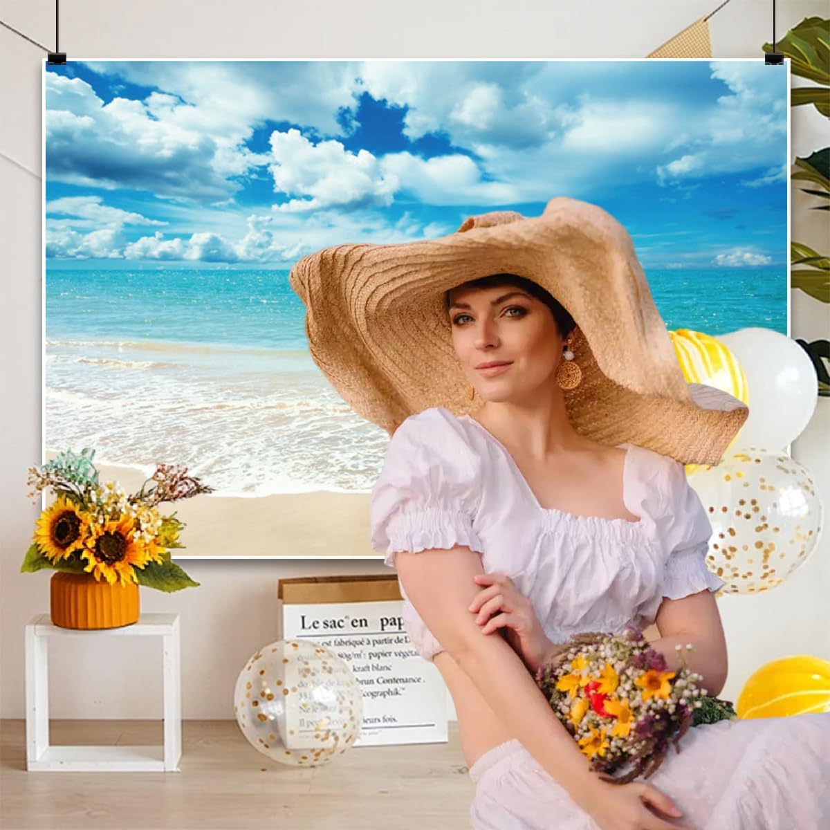 Summer Beach Backdrop 7x5ft Tropical Hawaiian Ocean Seaside Blue Sky Sea Coastal Photography Background Luau Aloha Birthday Wedding Party Bridal Shower Travel Vacation Polyester Decoration