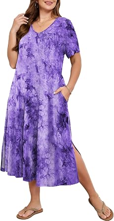 BELAROI Women Plus Size Dresses Summer Casual Midi Tshirt Dress V Neck Short Sleeve Long Maxi Side Split Pockets