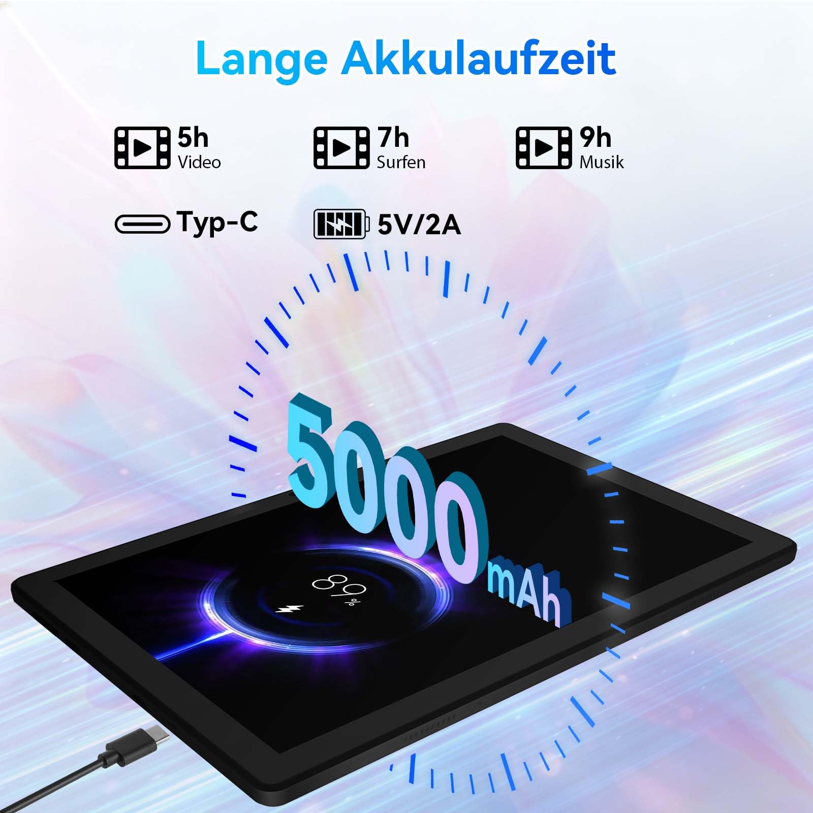 Tablet 10 Zoll Android 16 Tablets PC mit Schutzhülle Tastatur Maus Stift Kopfhörer Netzteil Kabel 20 GB RAM 64 GB ROM IPS 1280x800 Dual-Kamera 5 MP+8 MP 5000 mAh WiFi 6 BT 5.4 (Schwarz)