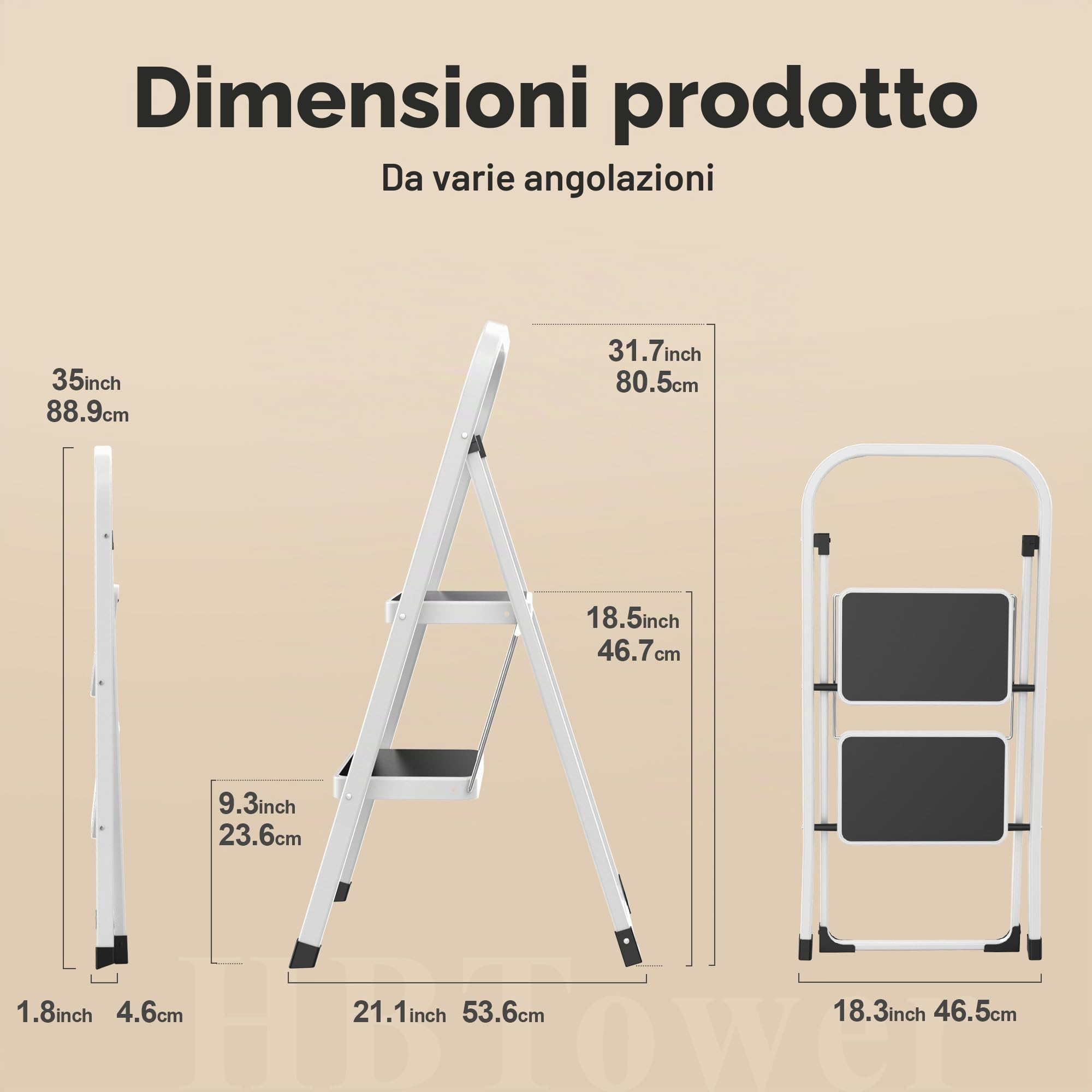 HBTower Scala 2 Gradini Pieghevole – Scaletta in Acciaio Lega, Gradini Antiscivolo, Spessore da Chiusa 4,5 cm, Portata 150 kg, Nessun Montaggio – Per Cucina, Garage e Ufficio