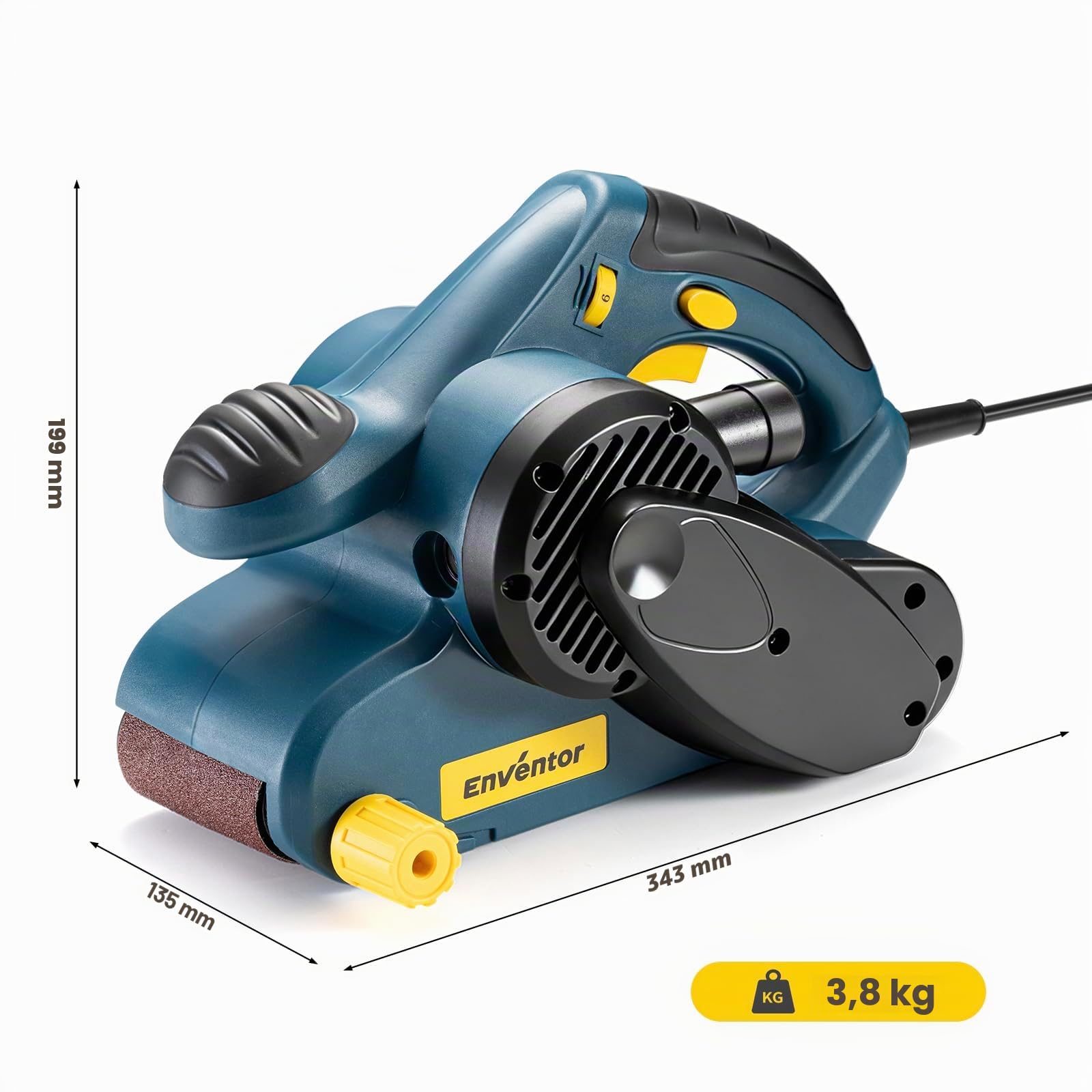 Enventor Levigatrice a Nastro 950W 6 Velocità 120-380m/min 12 Nastri Abrasivi 76 x 533mm Sacchetto Raccoglipolvere