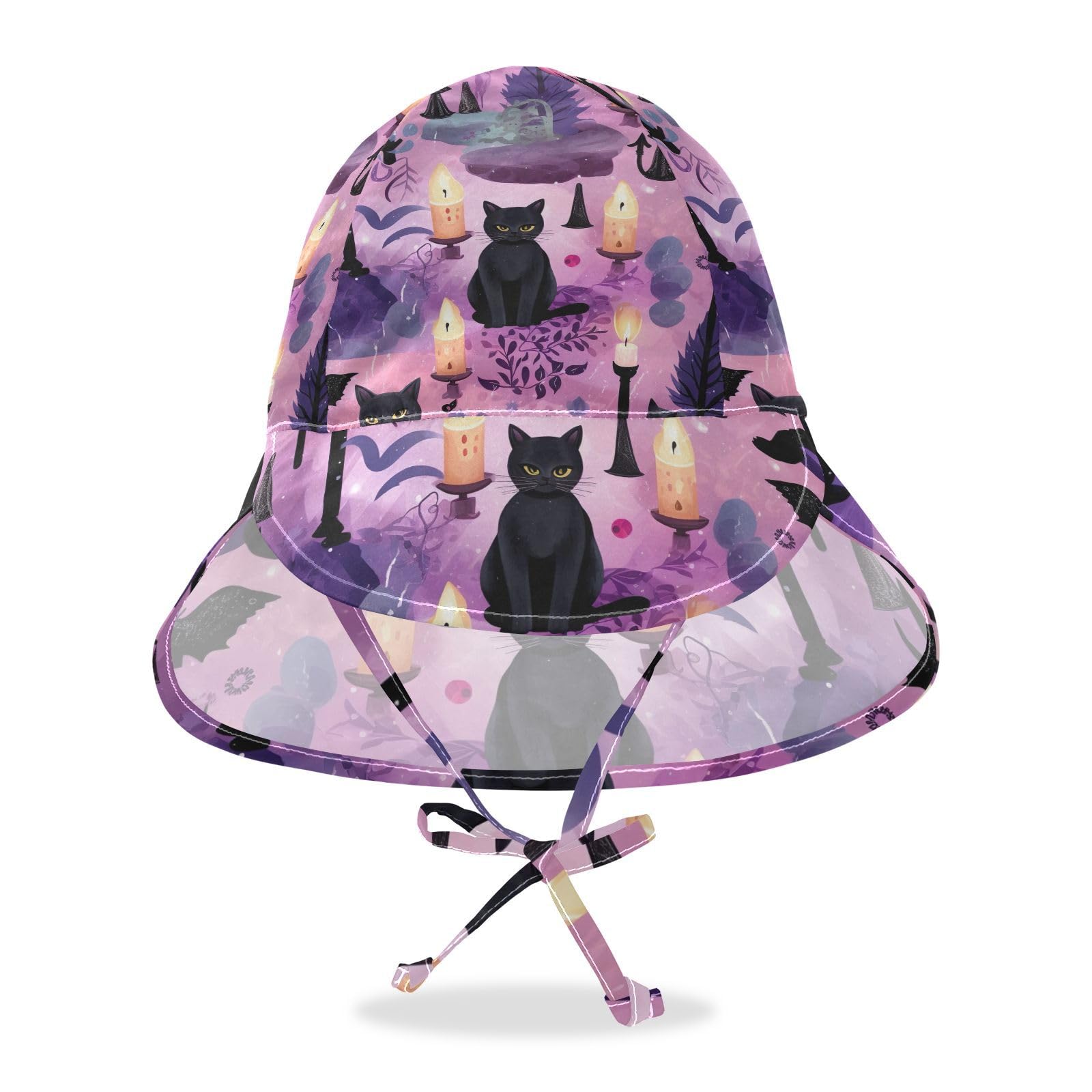 J JOYSAY Halloween Candle Black Cat Baby Sun Hat Toddler Hat UPF 50+ Beach Cap Wide Brim Chin Strap Summer Play Hat with Neck Flap for Baby Beach