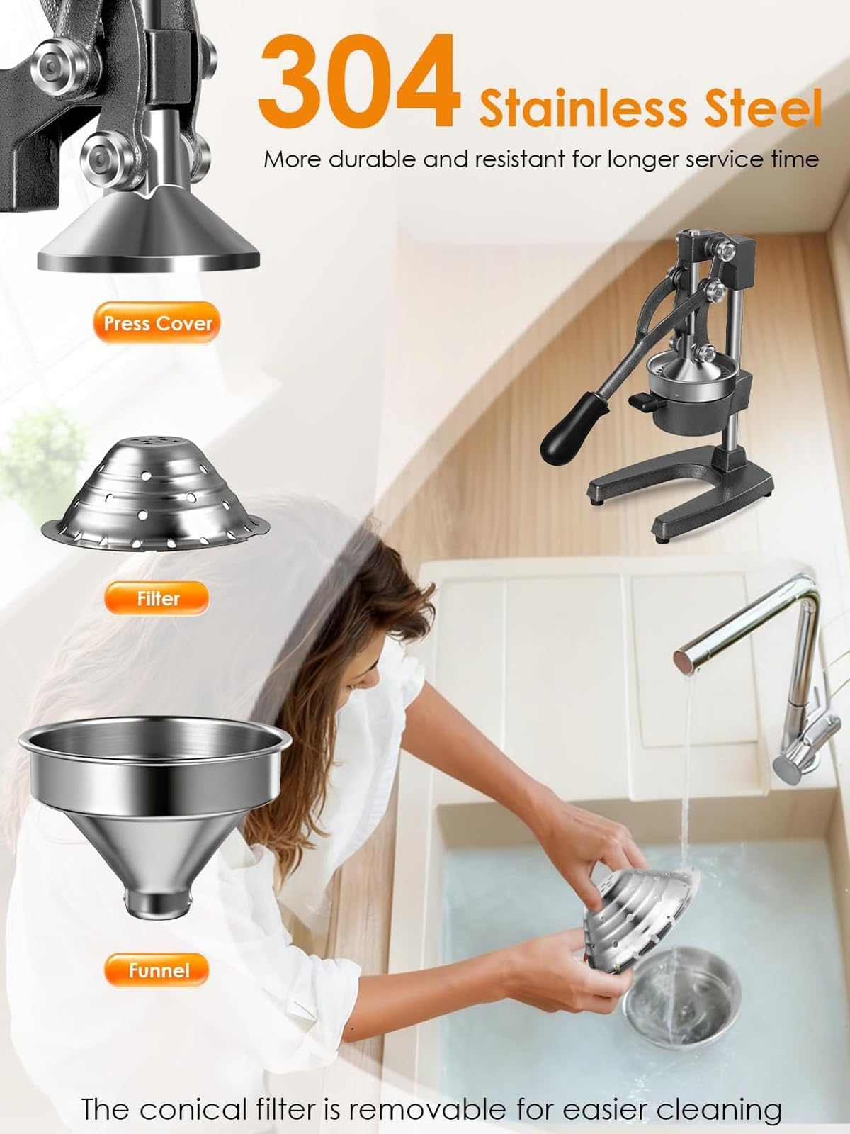 Spremiagrumi manuale, spremiagrumi per mandarini, spremiagrumi professionale, spremiagrumi arancione di grado commerciale, con filtro in acciaio inossidabile 304, adatto per casa, caffè e bar (grigio
