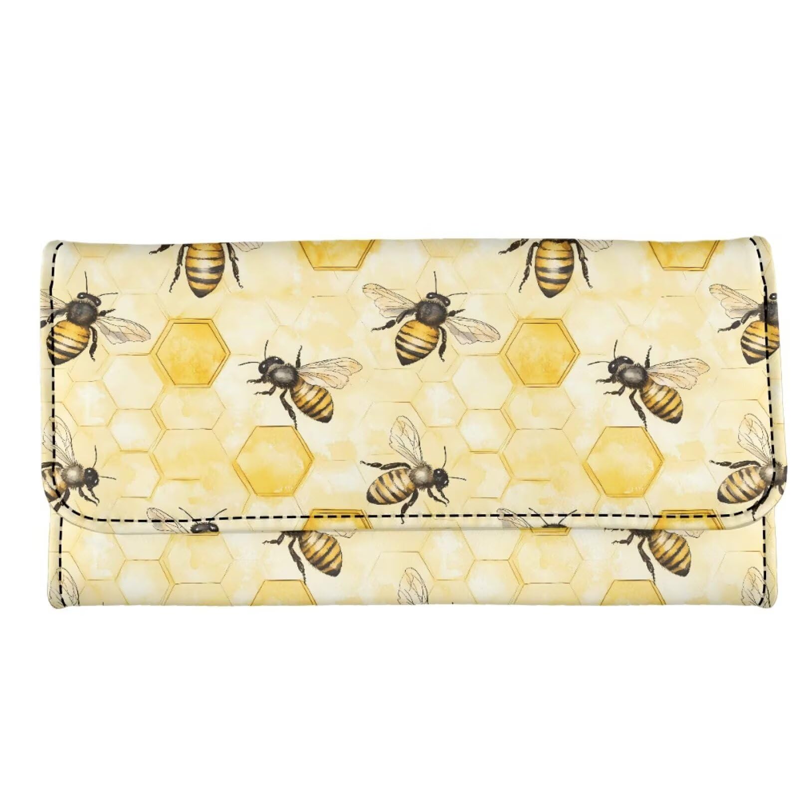 AFPANQZ Cute Bee Hive Honey Long Clutch for Ladies Girls Large Luxury Women's RFID Blocking Tri-fold Leather Wallet Zipper Travel Purse Big Capacity