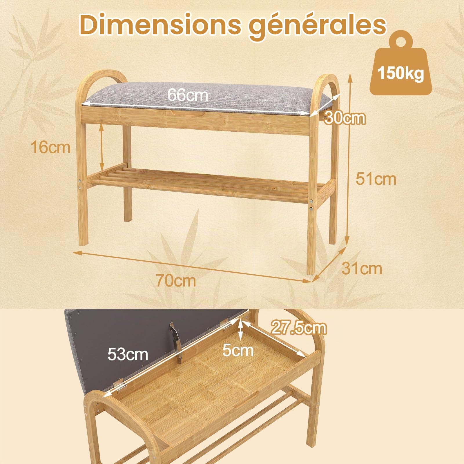 SOARS Banc à Chaussures pour Entrée de Rangement avec Coffre, Banc Étagère à Chaussures en Bambou avec Coussin Rembourré 2 Niveaux, pour Couloir, Chambre, Salon, 70 x 30 x 51 cm
