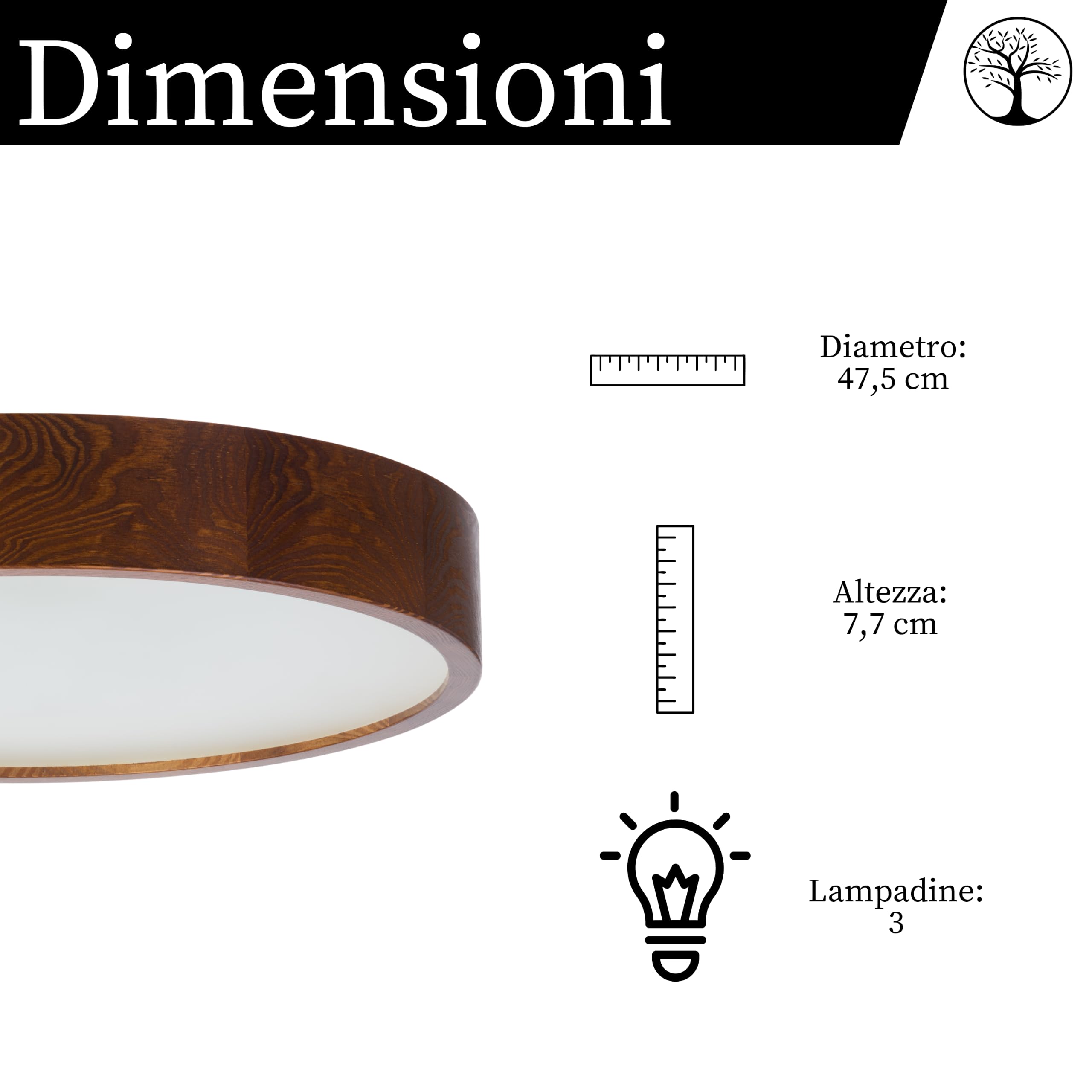 Plafoniera rotonda legno noce 3xE27 (47 cm) LEJA | Legno massello, Installazione facile, Prodotto nell'UE, CE, Paralume in vetro satinato, Facile da pulire