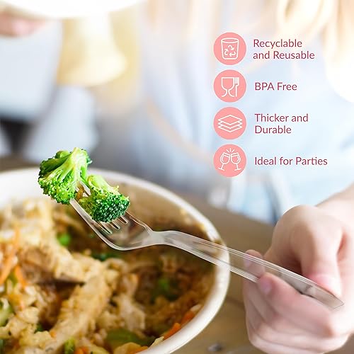 Vista 42 de Prestee Paquete de 100 tenedores de plástico plateado resistentes – Elegantes tenedores desechables – Juego de cubiertos plateados de plástico