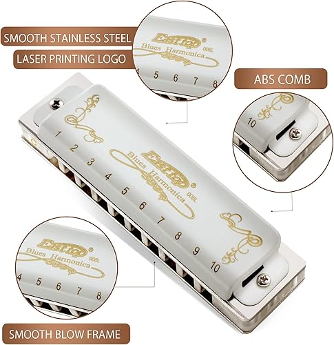 Miniatura 2 de East top Blues Harmonica Key of C, armónica de órgano de boca diatónica de 10 agujeros con cubierta blanca, armónica T008L para adultos,