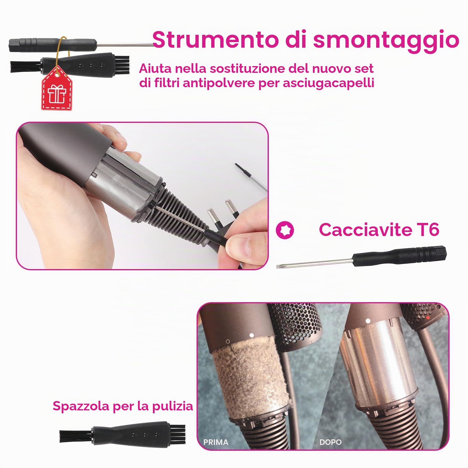Filtro asciugacapelli migliorato di ricambio per Dyson Supersonic, filtro interno + filtro esterno compatibile con HD01 HD03 HD08 accessori di riparazione (grigio metallico)