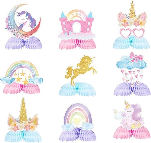 Chilfamy Decoraciones de cumpleaños de unicornio, 9 piezas de centro de mesa de unicornio arcoíris con panal de abeja, decoraciones de mesa para