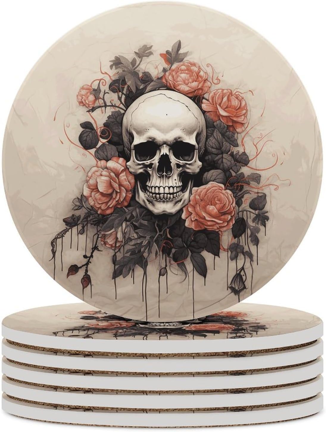 6PCS Ancient Skull and Flowers Coasters Non-Slip Round Drink Coasters with Ceramic Stone and Cork Base, Heat Resistant Absorbent 33.00Stone Coaster Set for Kinds of Mugs and Cups, 4 Inch