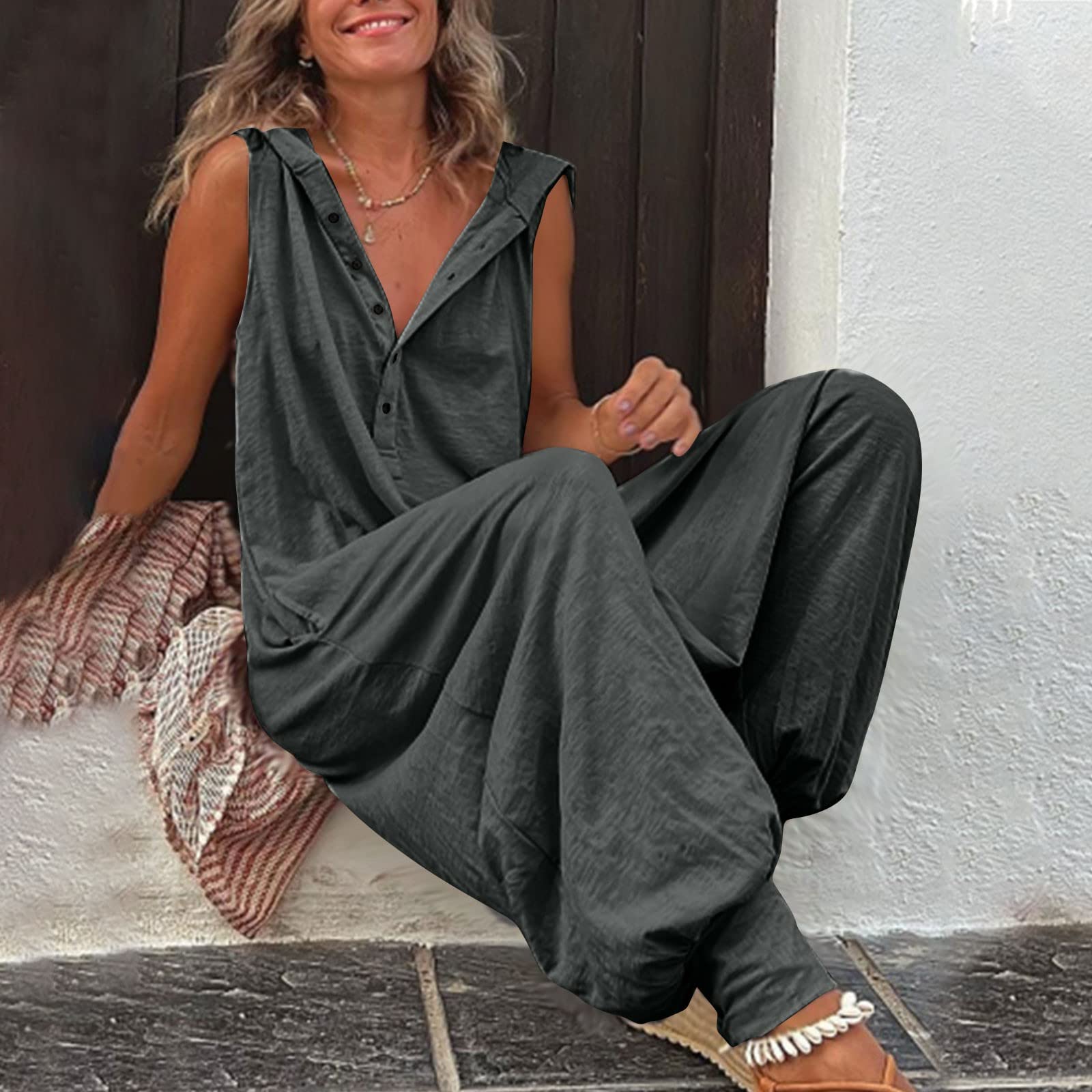 Mono casual con capucha para mujer, pantalones de peto holgados de verano, sin mangas, monocolor, holgado, con botones, traje informal ligero de una pieza