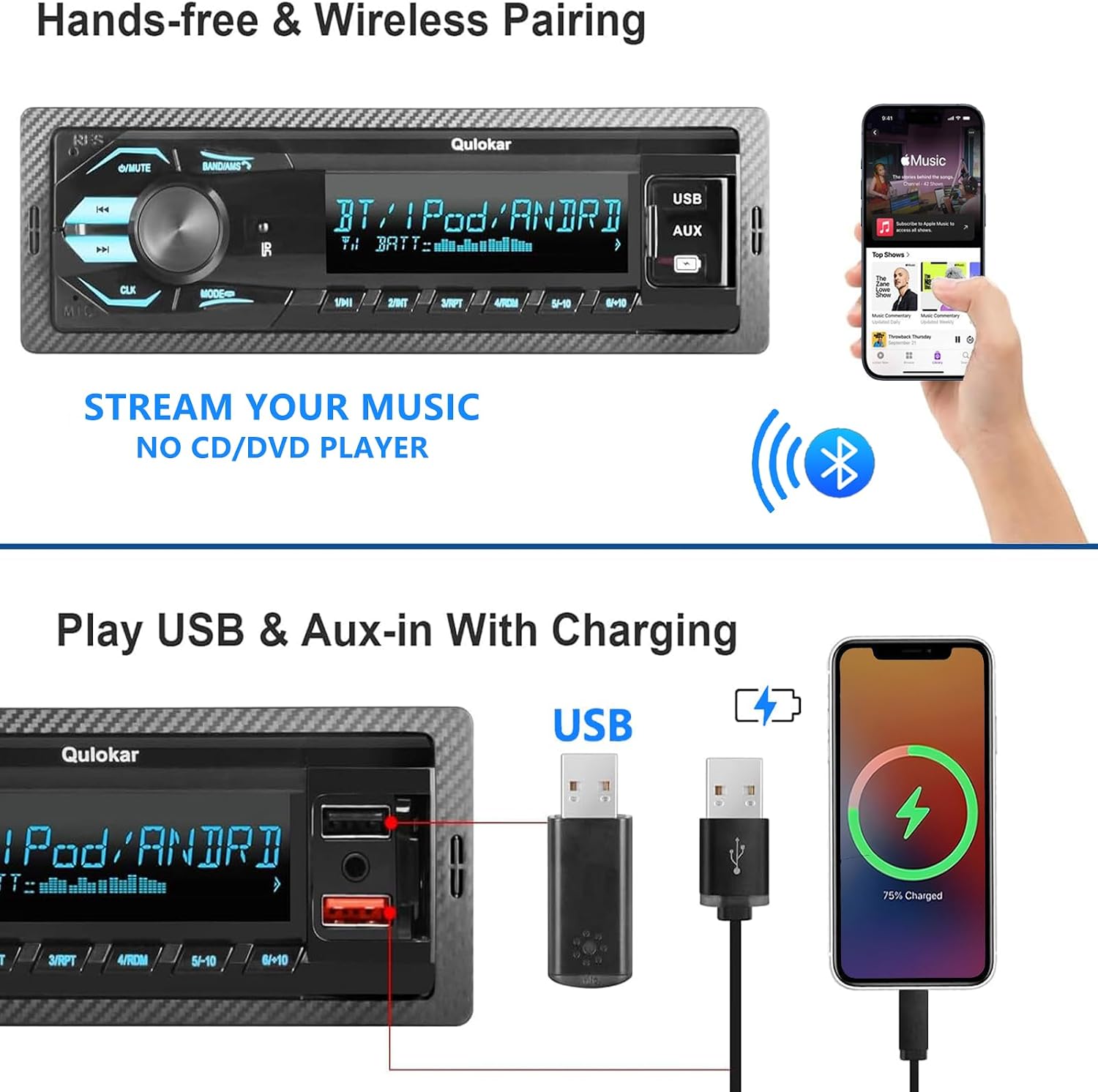 Single DIN Multimedia Car Stereo Radio,7 Character LCD,Bluetooth with Hands Free Calling & Music Streaming,USB Playback & AUX Input,AM/FM Radio Receiver Wireless Remote Control image 2