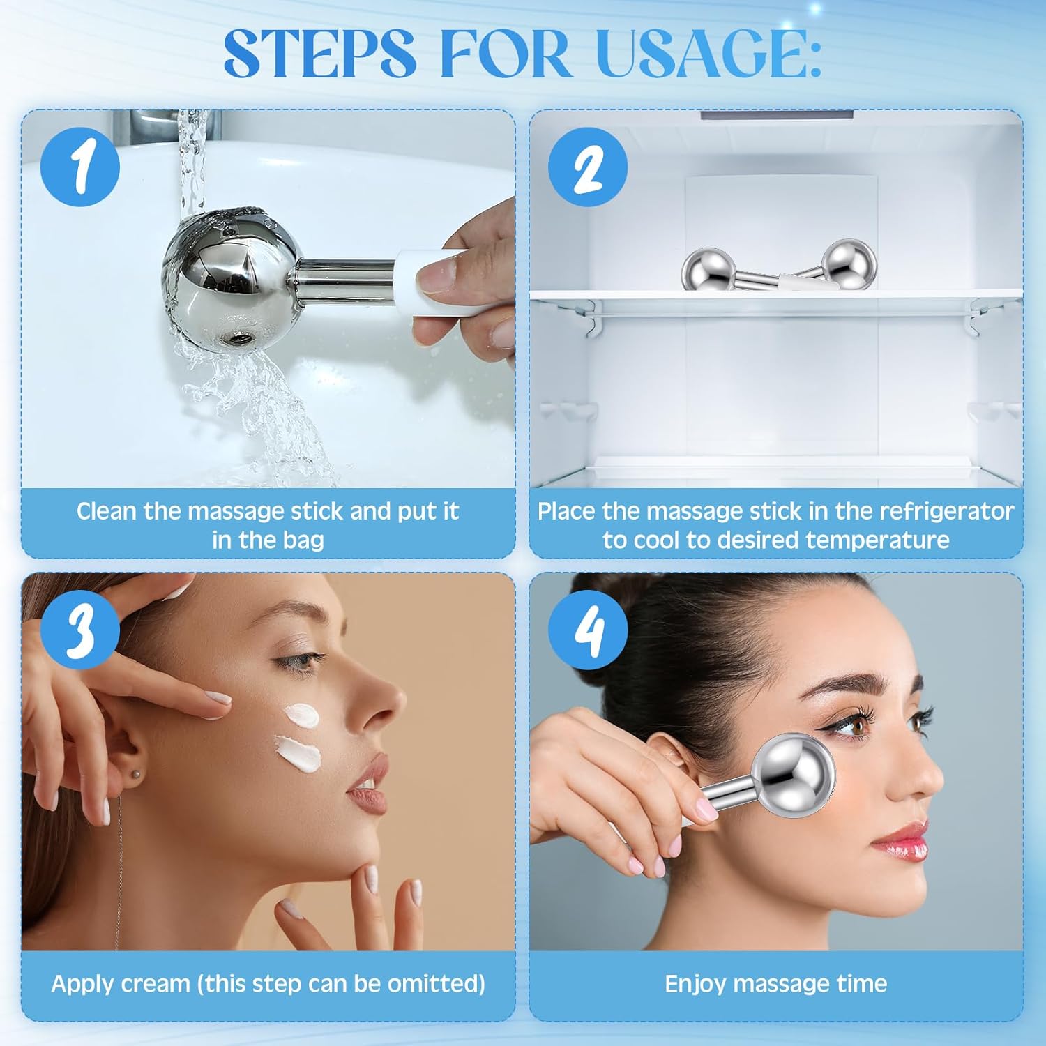 Baderke 2 Pcs Ice Globes for Face Stainless Steel Cooling Globes Unbreakable Cooling Roller Women Ice Balls Cryo Sticks Facials Skin Care for Dark Circles, Puffiness(Silver (White Handle)) - Image 3