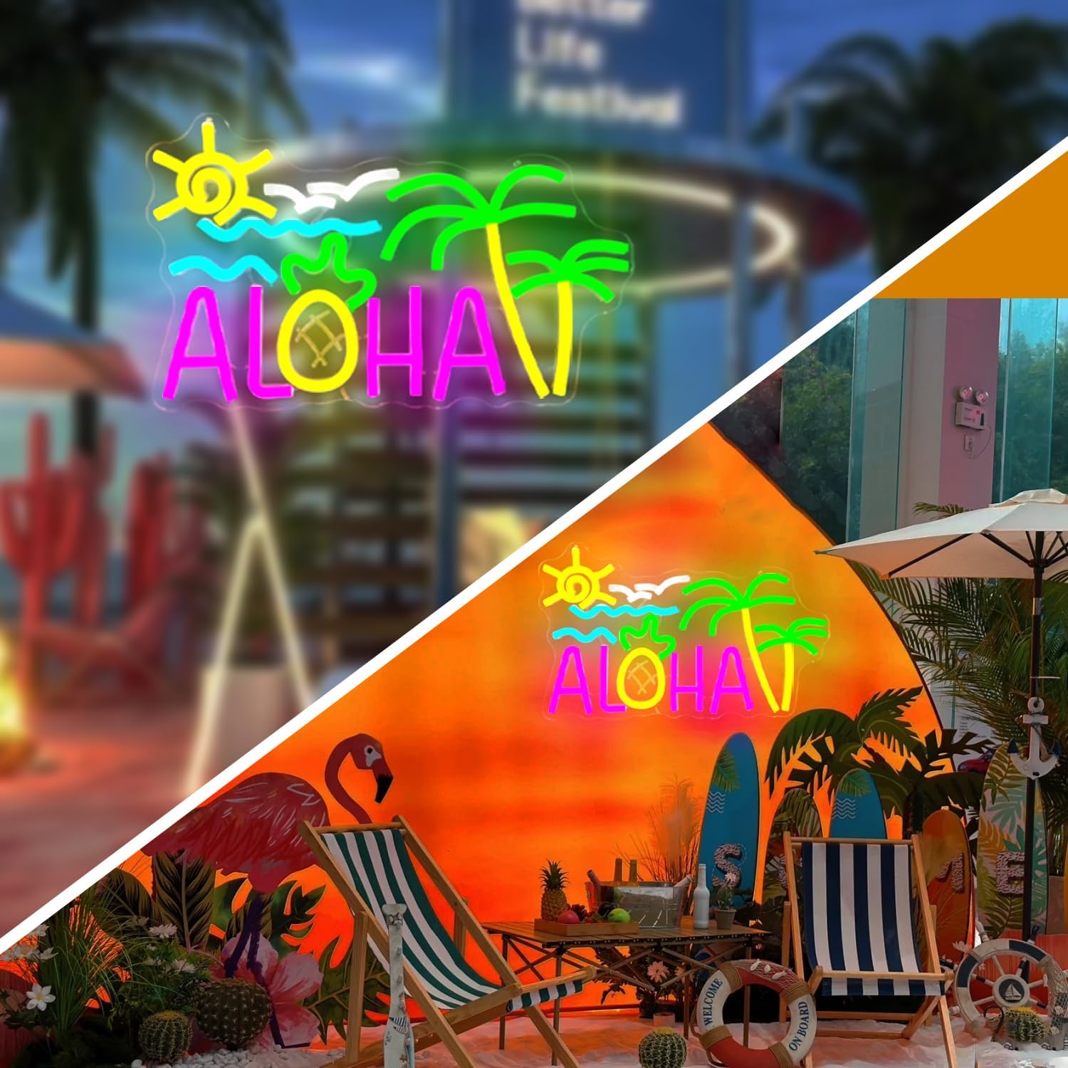Aloha Palm Tree Neon Sign Aloha Sign for Wall Decor Tropical Hawaiian Aloha Led Sign Sun Ocean Wave Coconut Pineapple Luau Party Decorations for Tiki Bar Beach Party Birthday Bedroom Decor