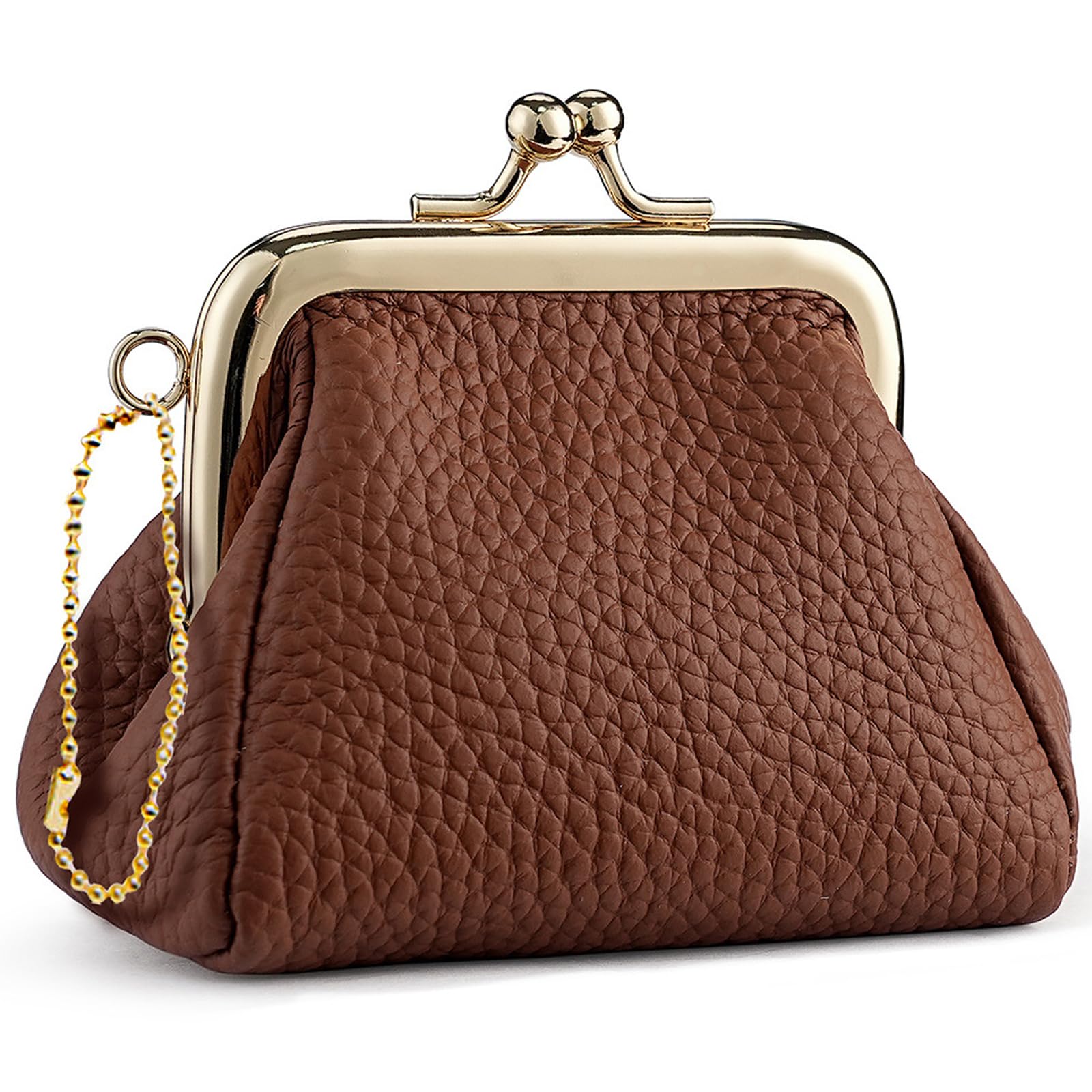 Genuine Leather Coin Purse for Women, Cute Mini Lipstick Holder Case, Small Vintage Kiss Lock Jewelry Storage Organizer Change Bag Pouch (Coffee)