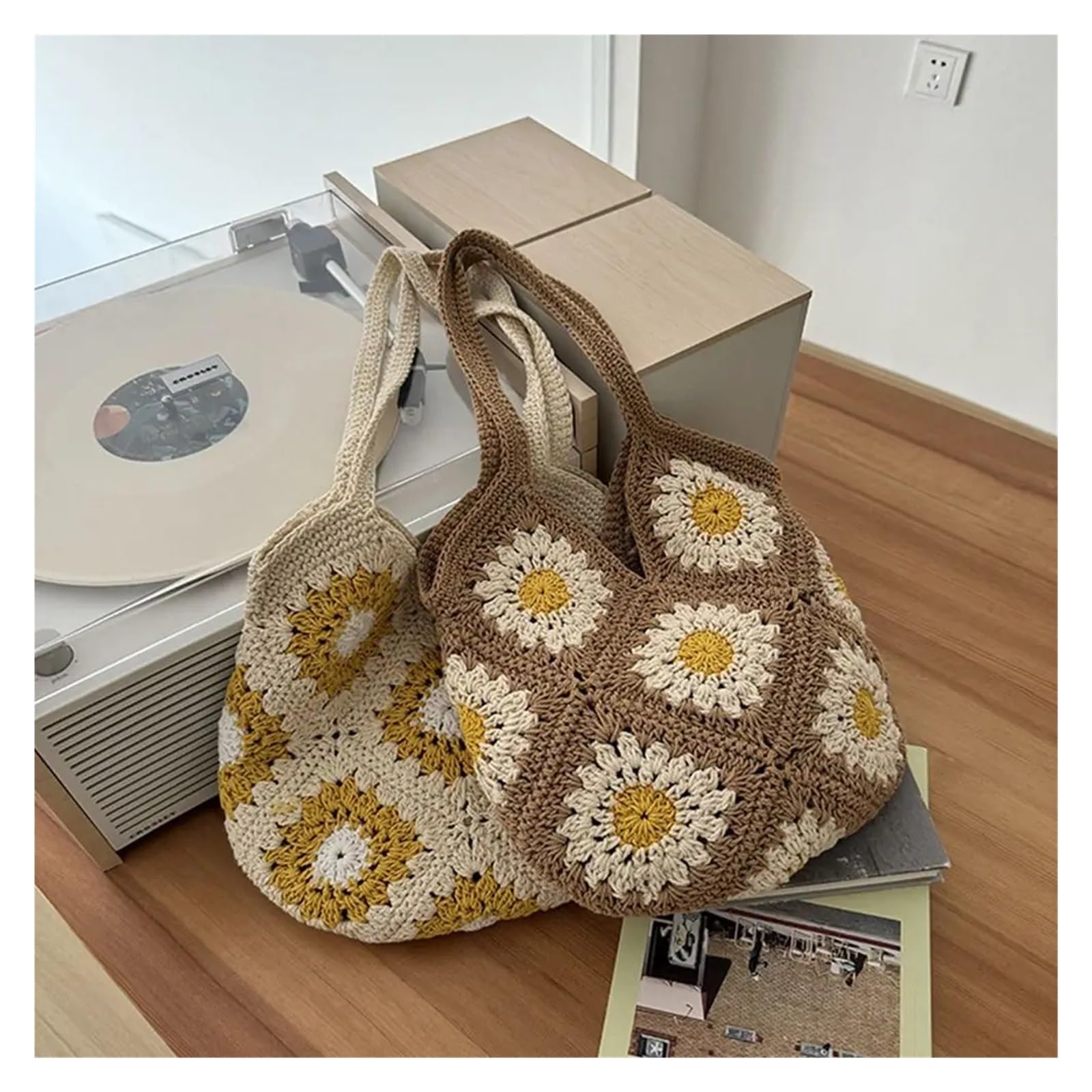 Bolso Ganchillo Flores Bolso de punto de ganchillo floral de moda, bolso de hombro bohemio hecho a mano, bolso de mano informal de gran capacidad for mujer, bolso de verano