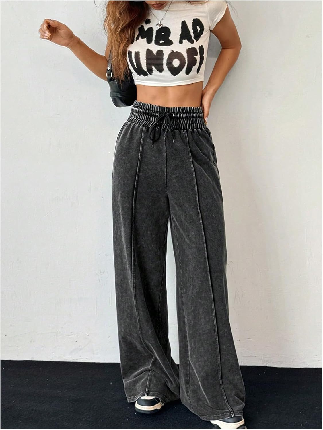 Women's Vintage Washed Wide Leg Sweatpants Y2k Drawstring High Elastic Waist Baggy Trousers Streetwear