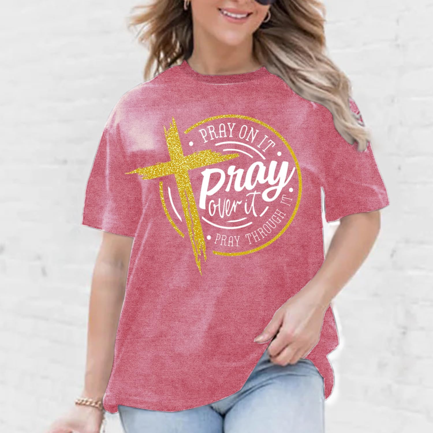 Christian Shirts for Women Pray On It Over It Through It T-Shirts Blessed Christian Faith Tees - Image 2