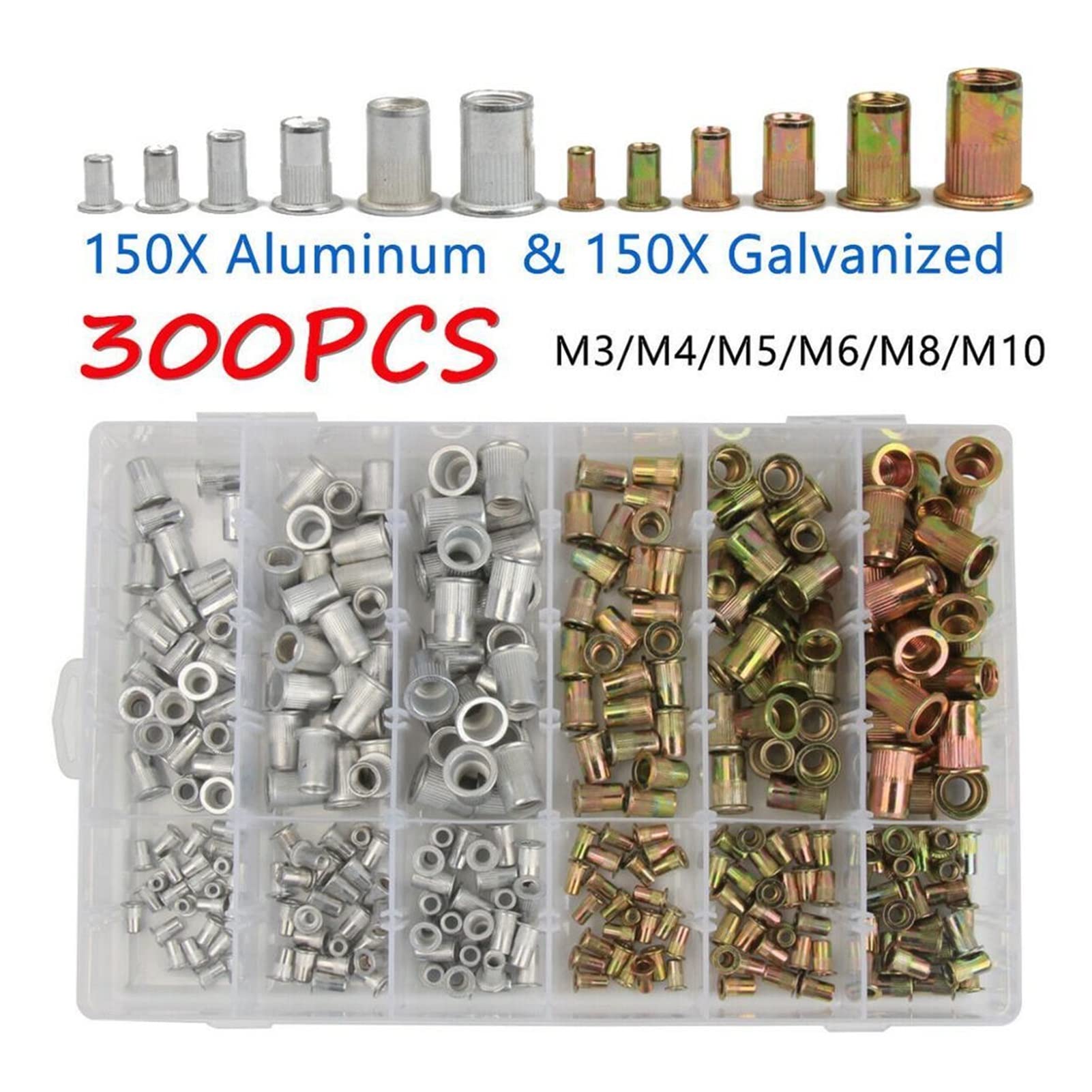 300pcs M3 M4 M5 M6 M8 M10 Set de tuercas de remache Nutserts chapado en zincs Inserto roscado Inserte tapa tapa de cabeza plana Tuercas de remache de acero al carbono