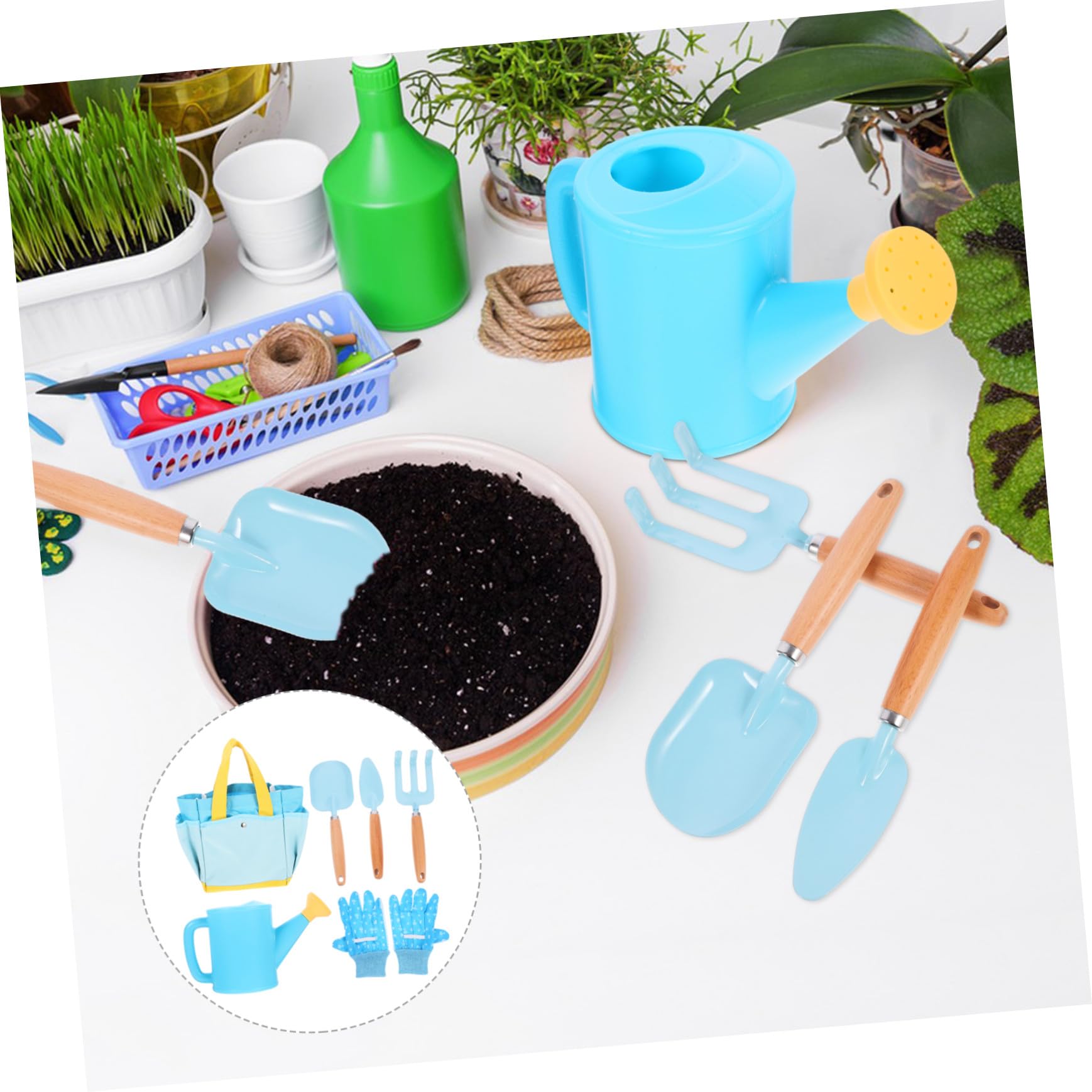 Set Attrezzi Giardinaggio Bambini 6 Pezzi Blu per Semina e Orto | Manico in Faggio, Secchio, Guanto e Annaffiatoio, per Giardino e Cortile